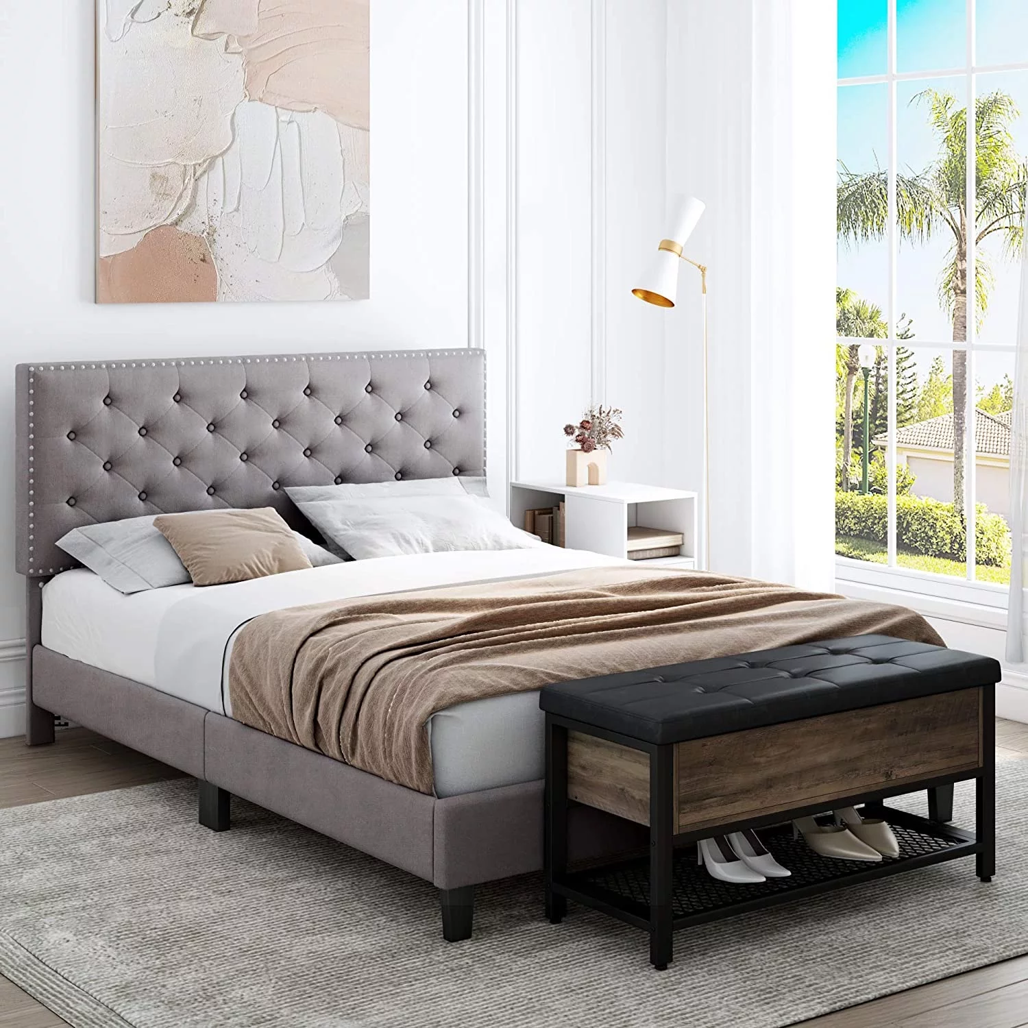 Homfa Full Size Bed, Modern Upholstered Platform Bed Frame with Adjustable Headboard for Bedroom, Grey