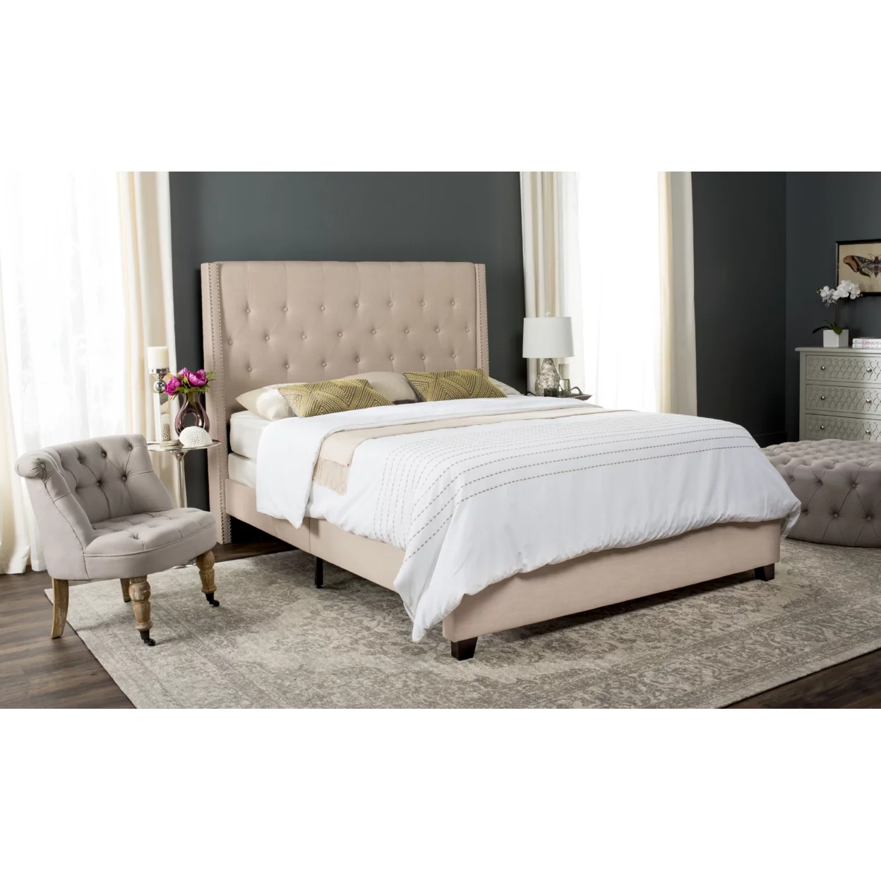 SAFAVIEH Winslet Modern Tufted Upholstered Bed Frame with Nail Heads, Twin Light Beige