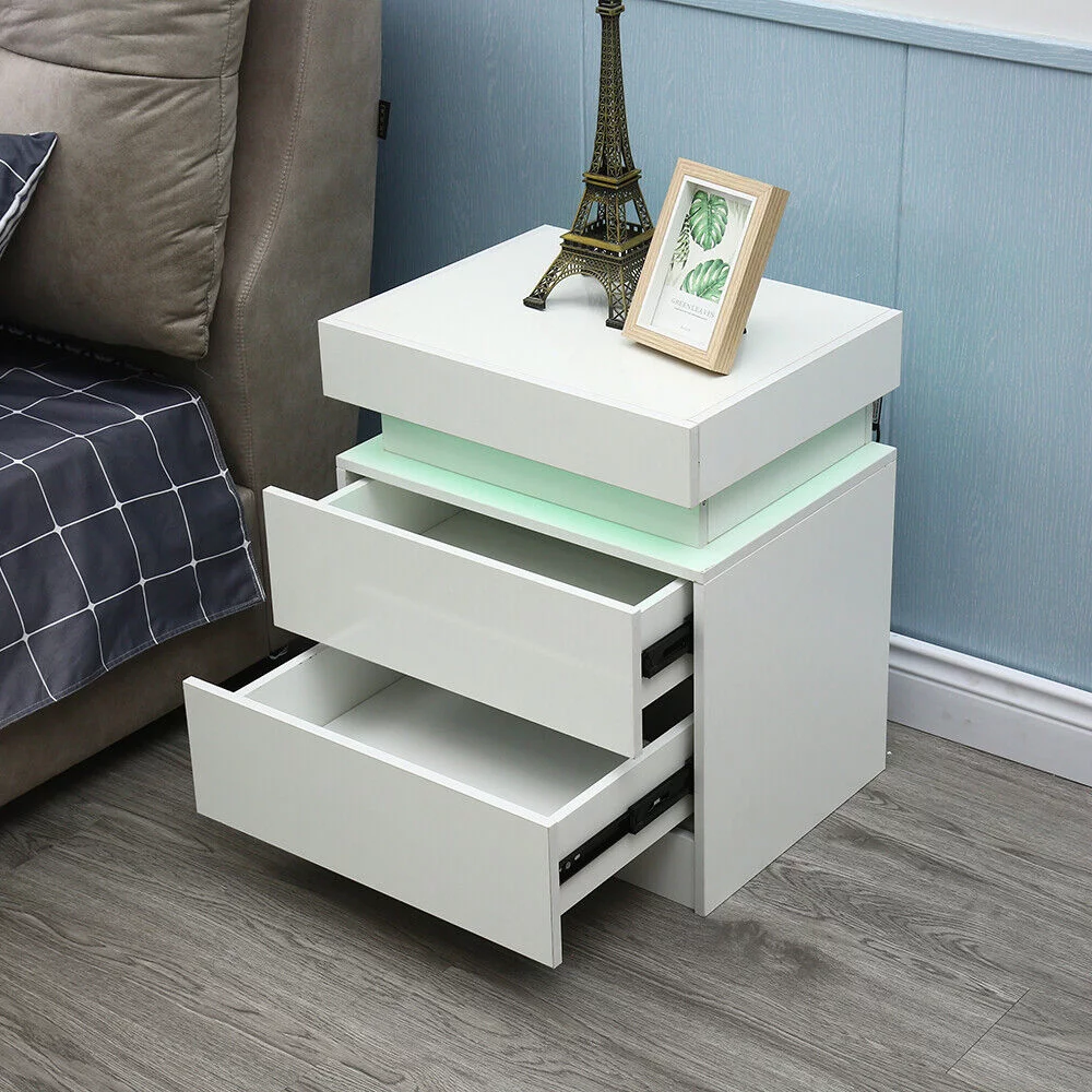 ZhdnBhnos Modern Bedroom Nightstand Furniture LED Light High Gloss Bedside Table Dresser End Table w/ 2 Drawer Beige White