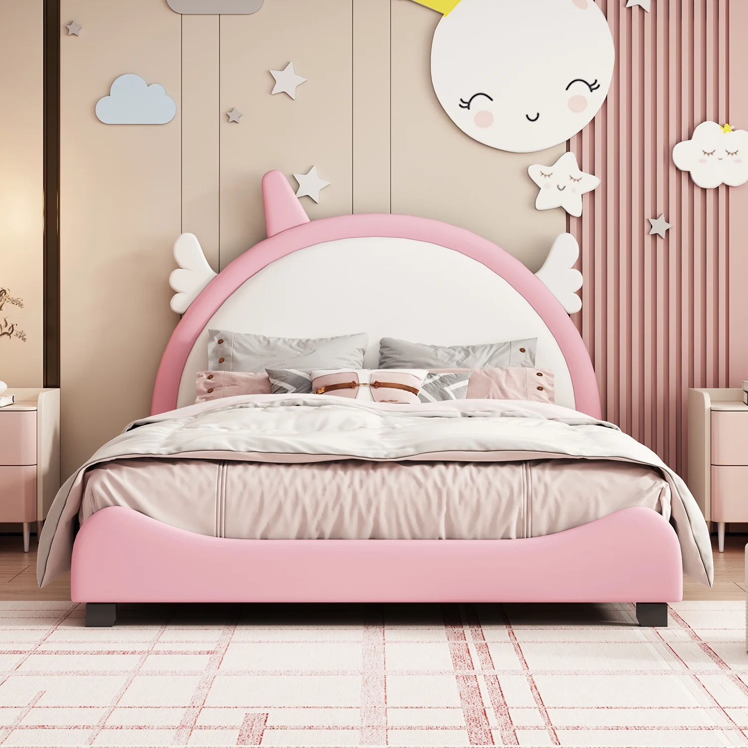 Churanty Full size Princess Bed with Unicorn Shape Headboard,PU Leather Pink Full Platform Bed Frame for Kids Bedroom