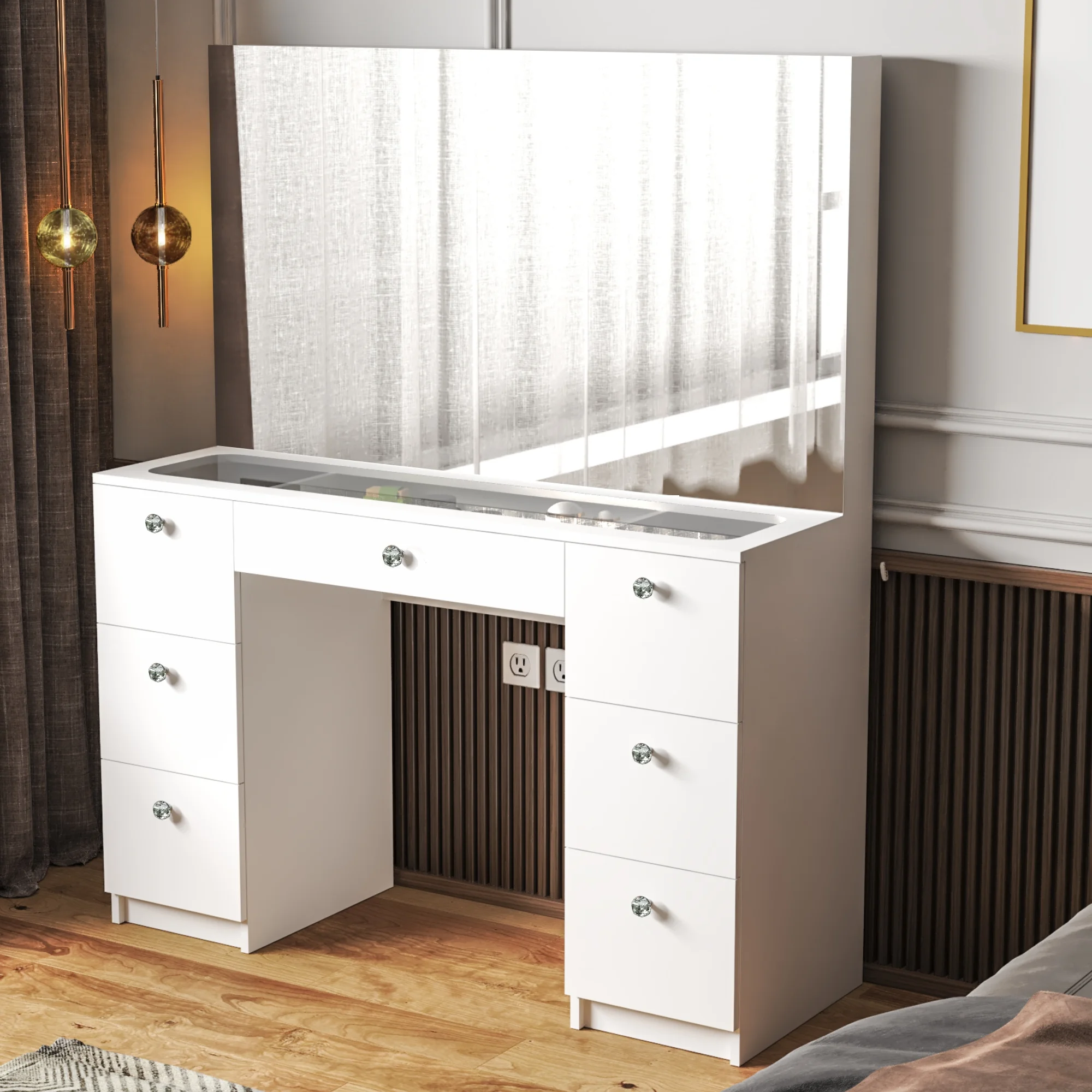 Boahaus Venus Modern White Painted Makeup Vanity Table with Crystal Knobs, for Bedroom