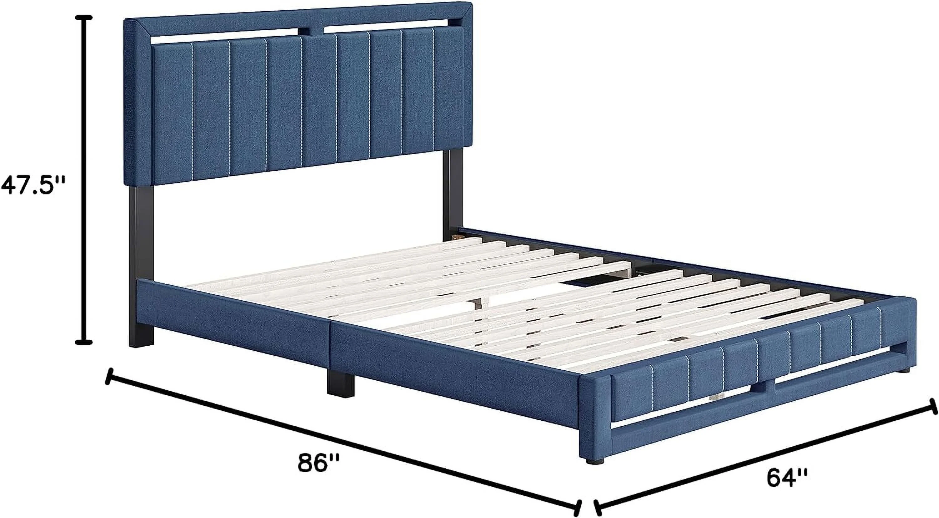 Beaumont Upholstered Platform Bed With Headboard, Mattress Foundation With Strong 14 Wood Slat Supports, No Box Spring Required, Blue Linen, Size Queen