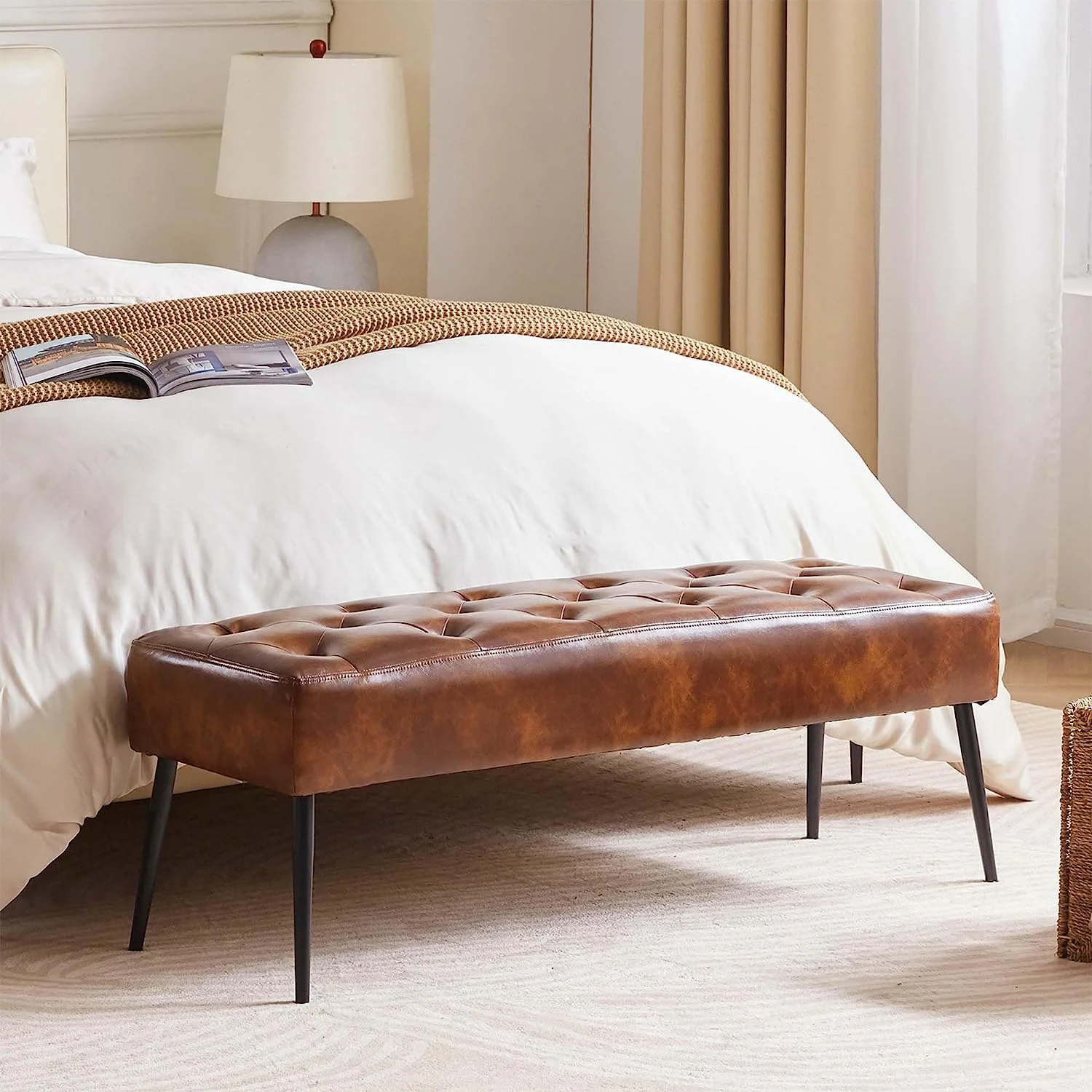 Duhome Ottoman Bench Faux Leather Upholstered Benches for Bedroom Entryway, Modern Tufted End of Bed Bench Accent Indoor Bench, Brown