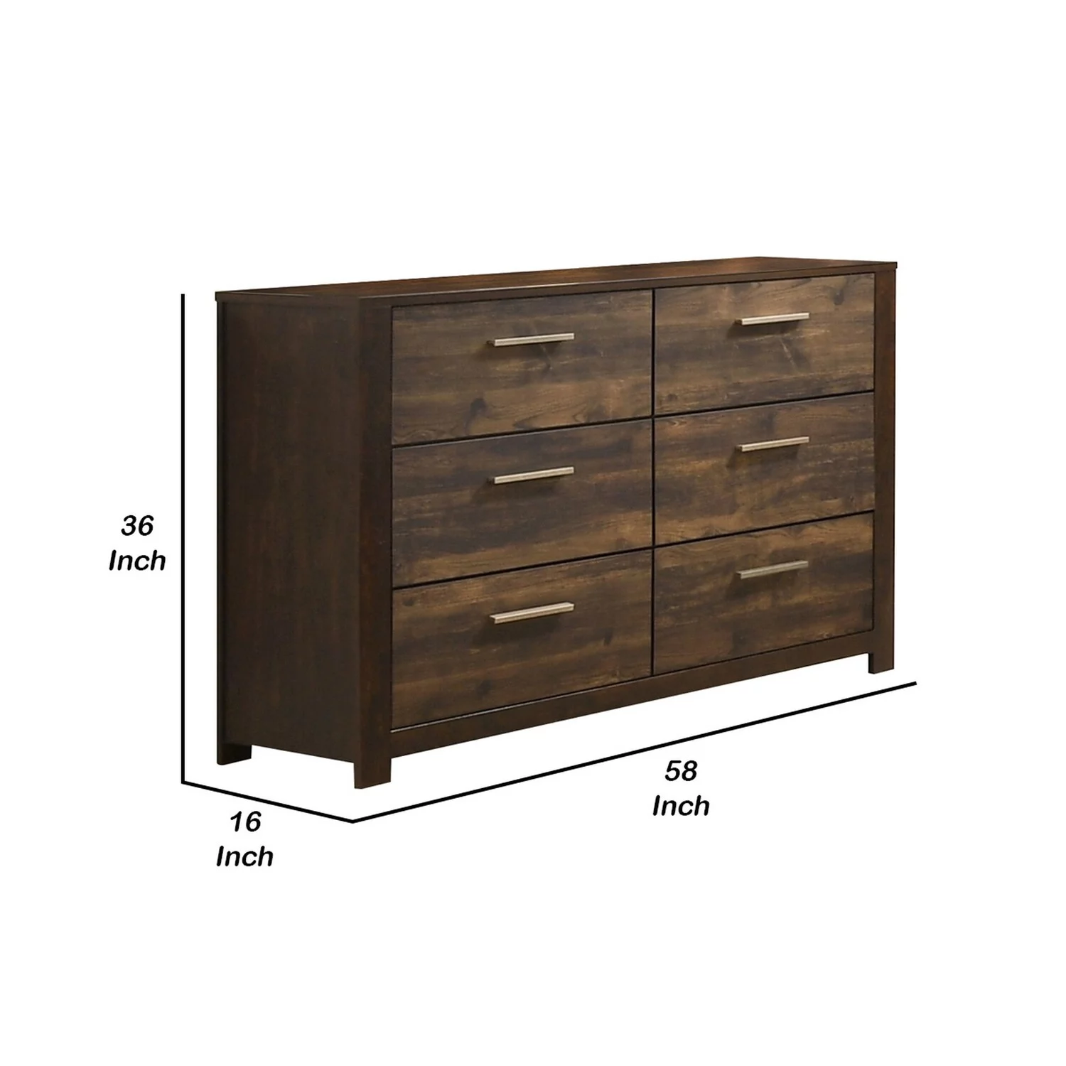 Benjara 58 Inches 6 Drawer Wooden Dresser with Grains, Rustic Brown