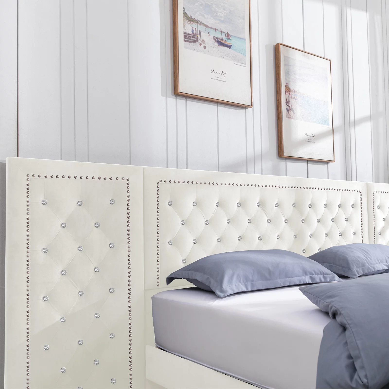 BALUS California King Size Modern Bed Frame with Extra Wide Upholstered Headboard, Beige