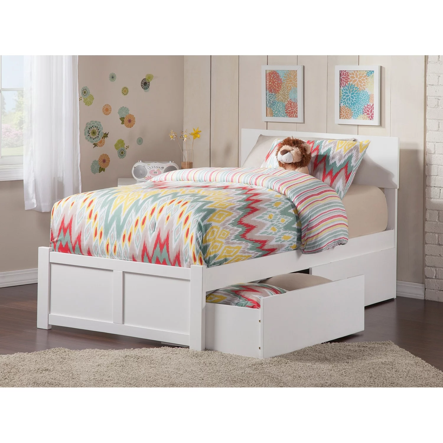AFI Orlando Twin Platform Bed with Footboard and 2 Bed Drawers in White