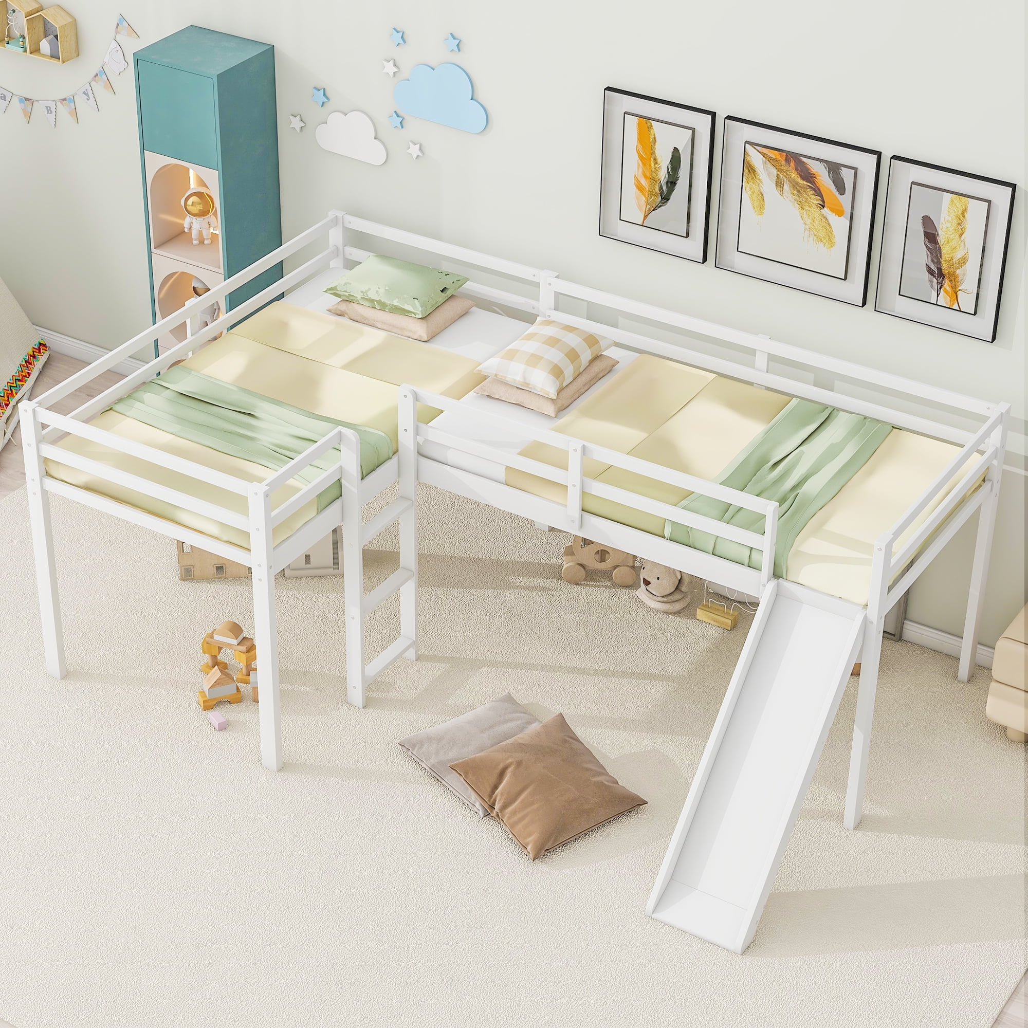 Euroco Twin L-Shaped Loft Bed with Slide and Ladder for Kids, 2 Beds in One for Kids Teens Adults, White