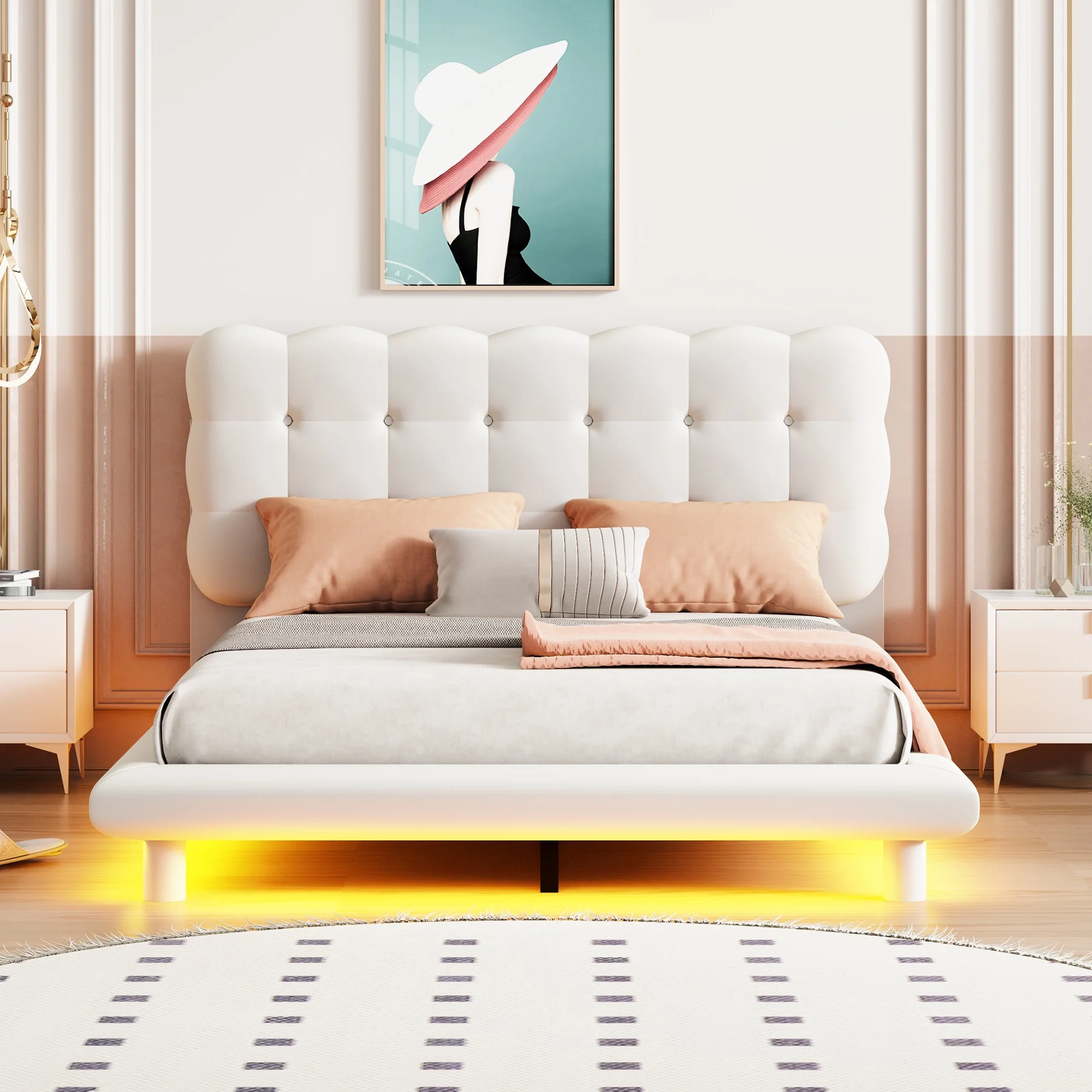 CoSoTower Full Size Velvet Platform Bed with LED Frame, Thick & Soft Fabric and Button-Tufted Design Headboard, Beige