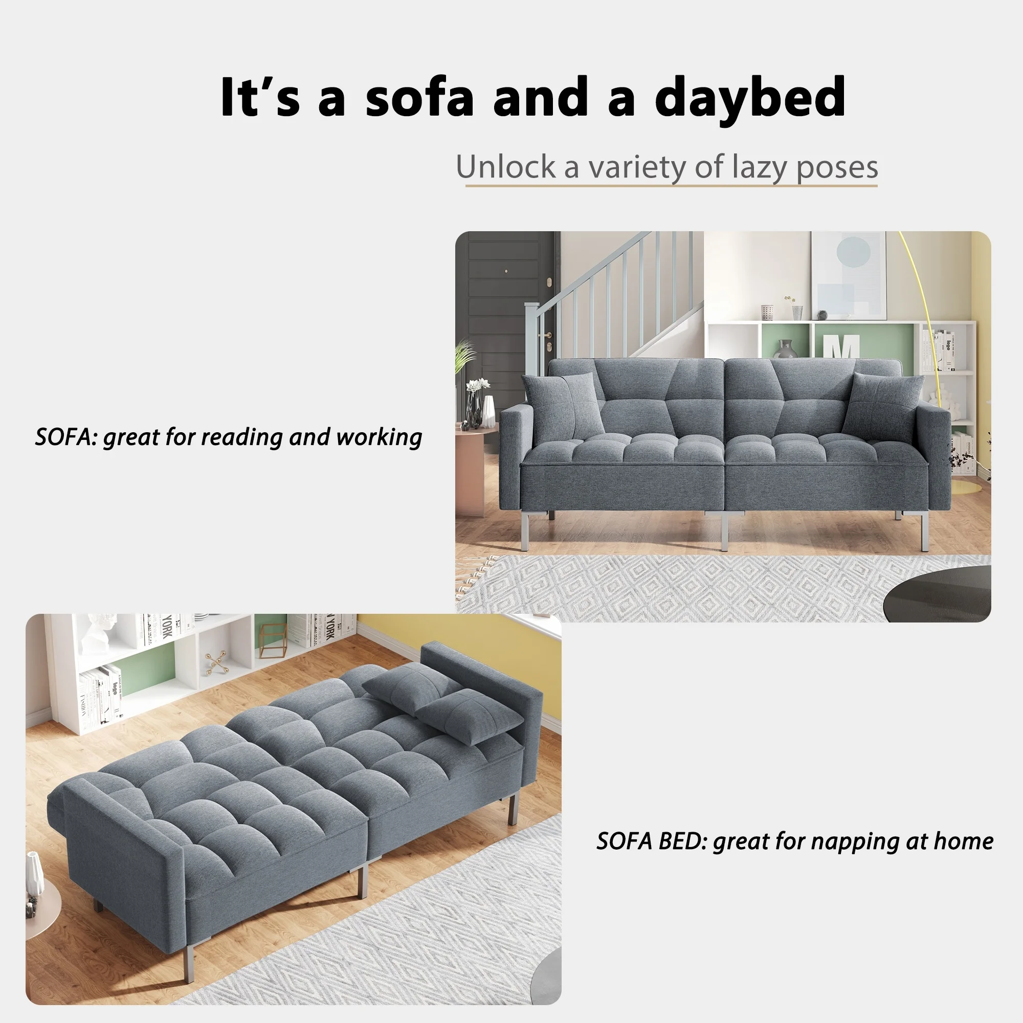 2 in 1 Linen Sleeper Sofa Convertible Recliner Loveseat, Dark Gray