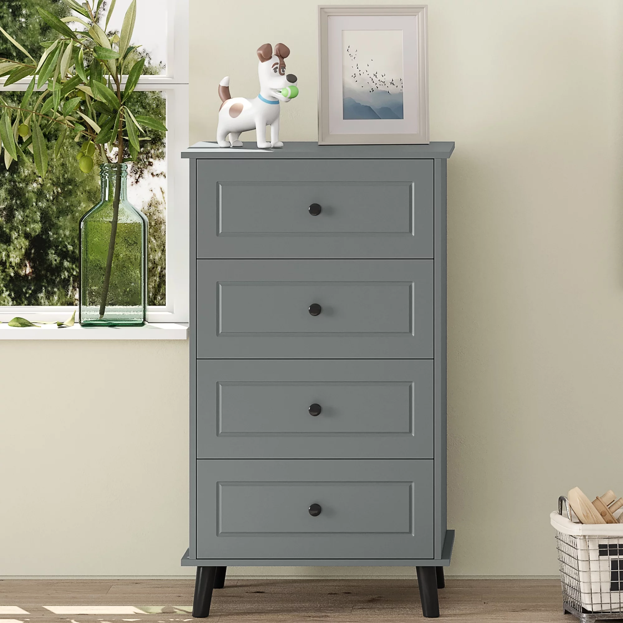 4 Drawer Dresser & Chests of Drawers, Tall Storage Dresser Wood Organizer Unit, Small Chester Drawers for Narrow/Small Spaces, Lingerie Chest Grey Dresser for Bedroom, Living Room,Closet