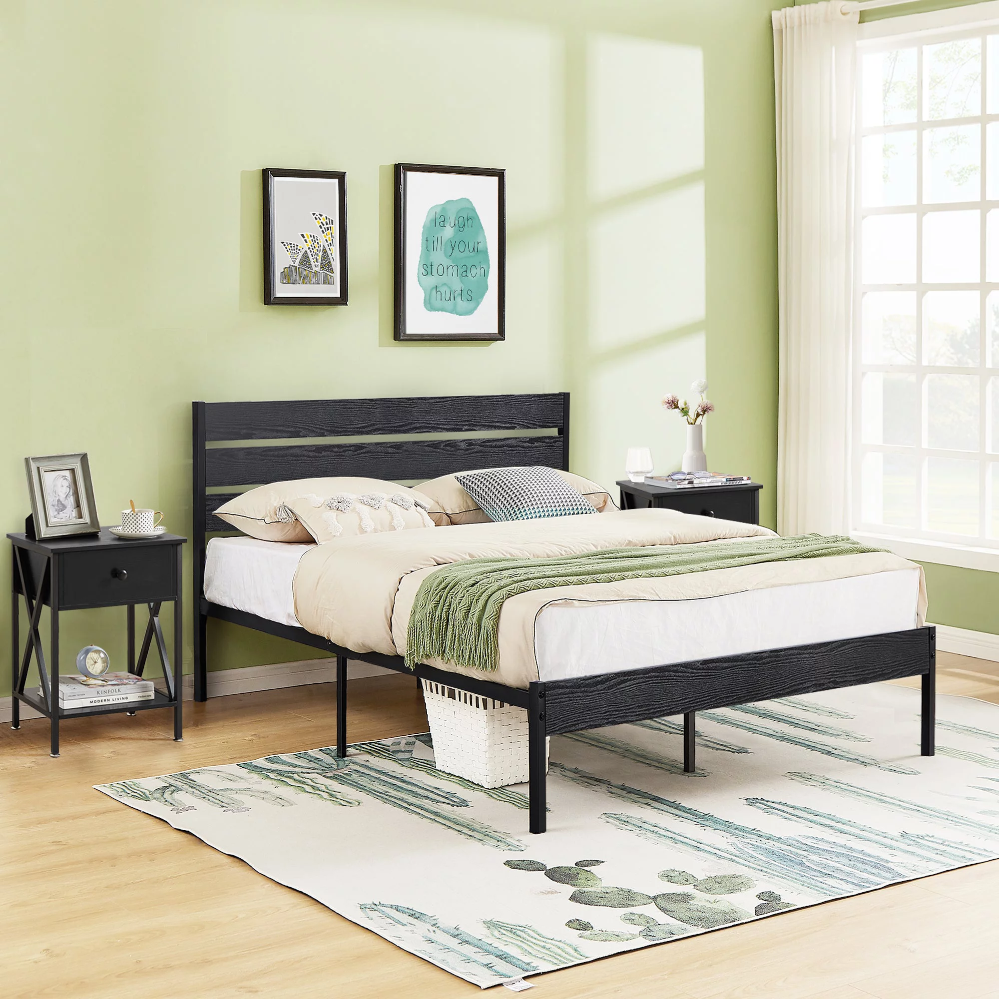 VECELO 3-piece Bedroom Set Include Queen Bed Frame with 2 Nightstands, Black