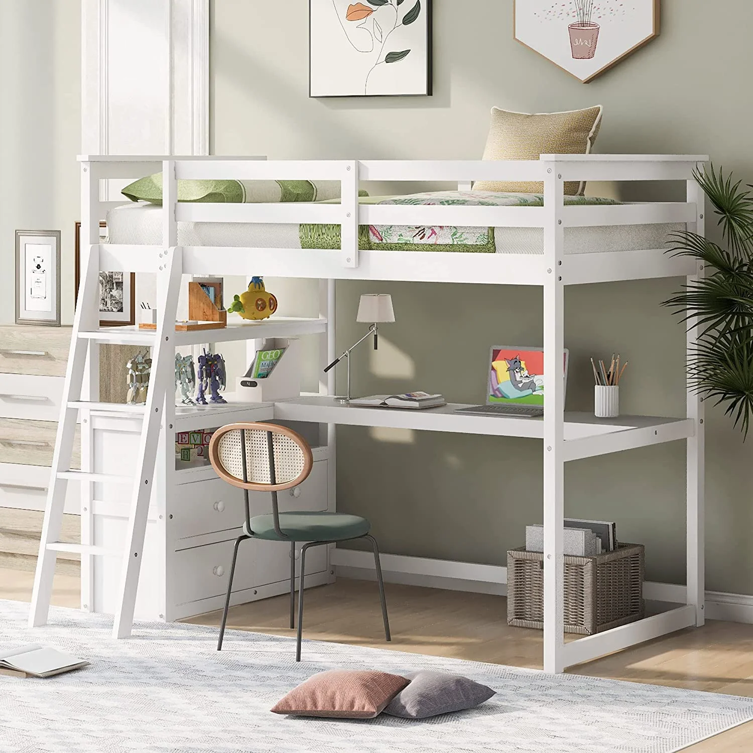 Loft Bed With Desk, Size Loft Beds With Shelves And Drawers,Wooden Bed Frame For Kids Teens Boys And Girls,No Box Spring Needed(White), White Wtih Desk