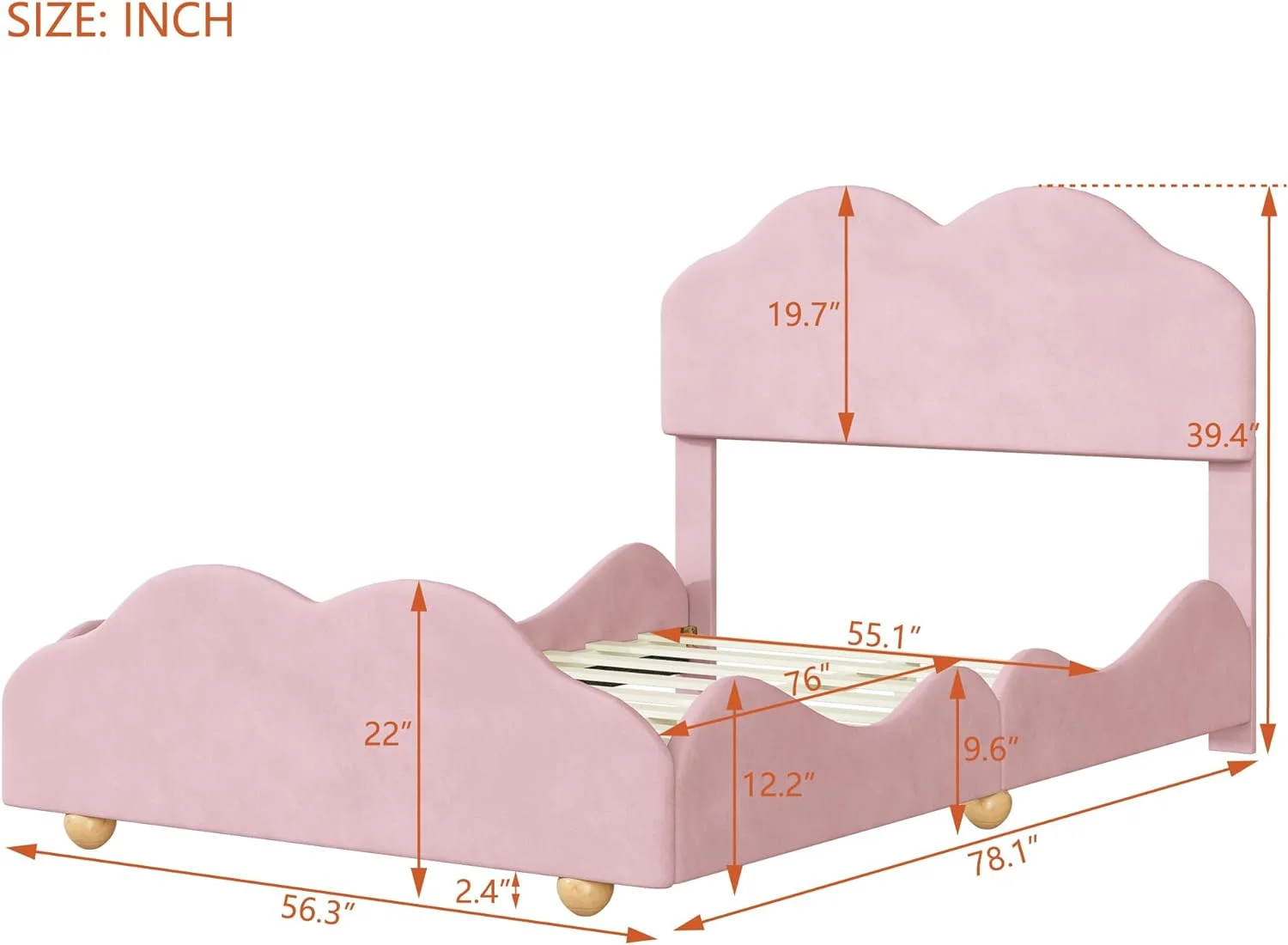 Velvet Upholstered Platform Bed Cloud-Shape Bed, Wood Full Size Platform Bed Frame with Cartoon Cloud Shaped Bed Board, Kids Bedroom Furniture Fun Upholstered Bed Cute Bed