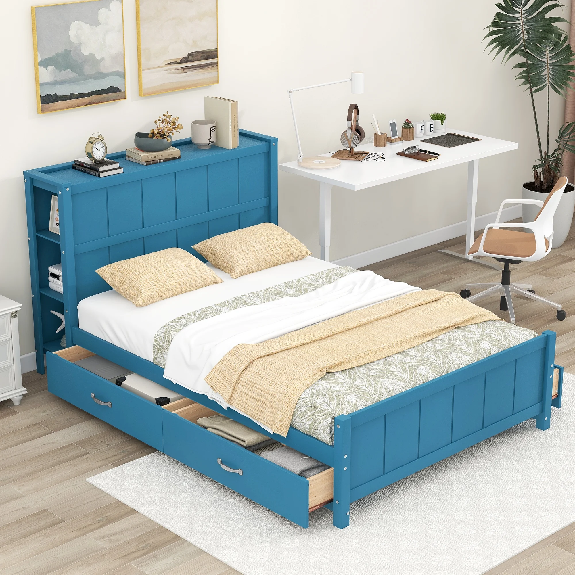 Full Size Bed Frame Wooden Platform Bed with 4 Drawers and Storage Shelves on the Headboard of the Bed/No Box Spring Needed/Noise Free (Blue)