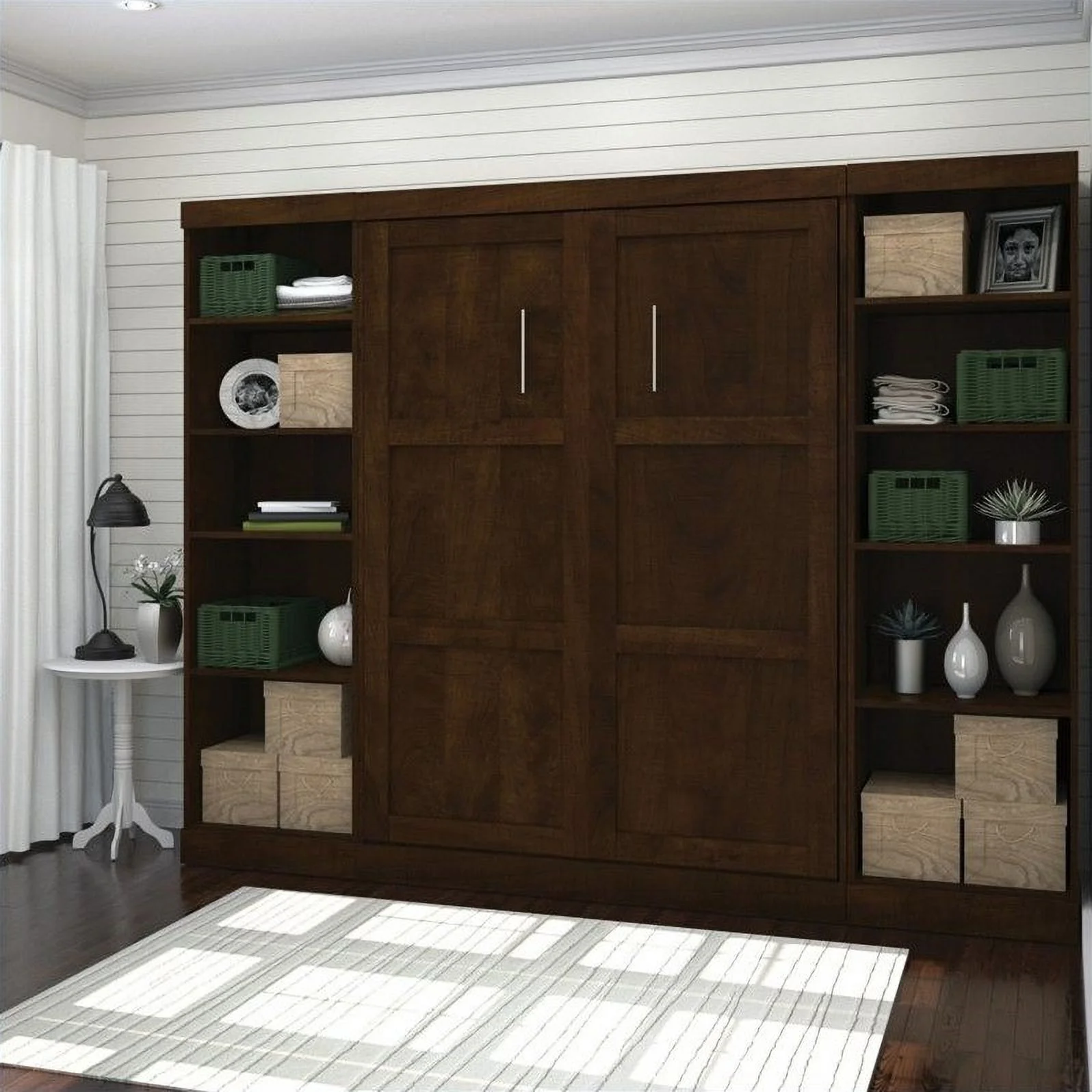 Pemberly Row Full Murphy Bed with 2 Shelving Units (109W) in Chocolate