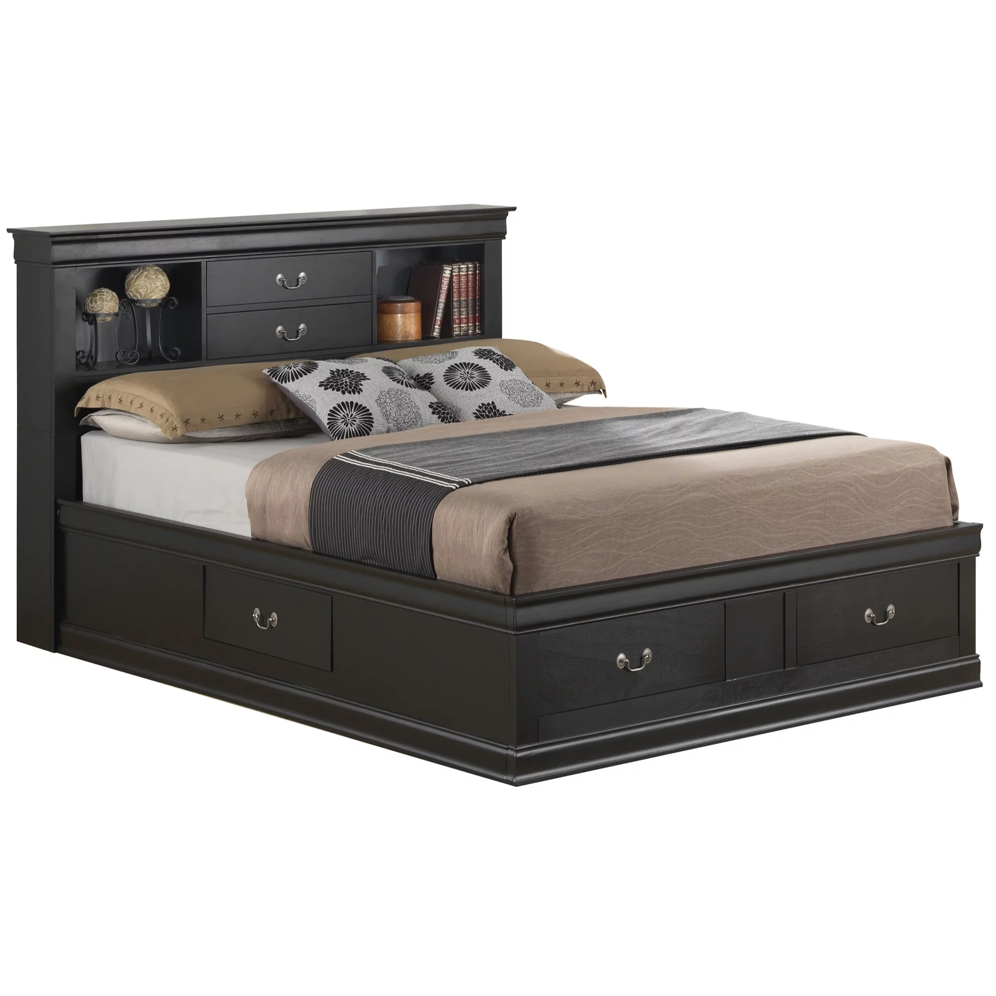 Passion Furniture Louis Philippe Storage Platform Bed with 6 Storage Drawer, Black - Full Size