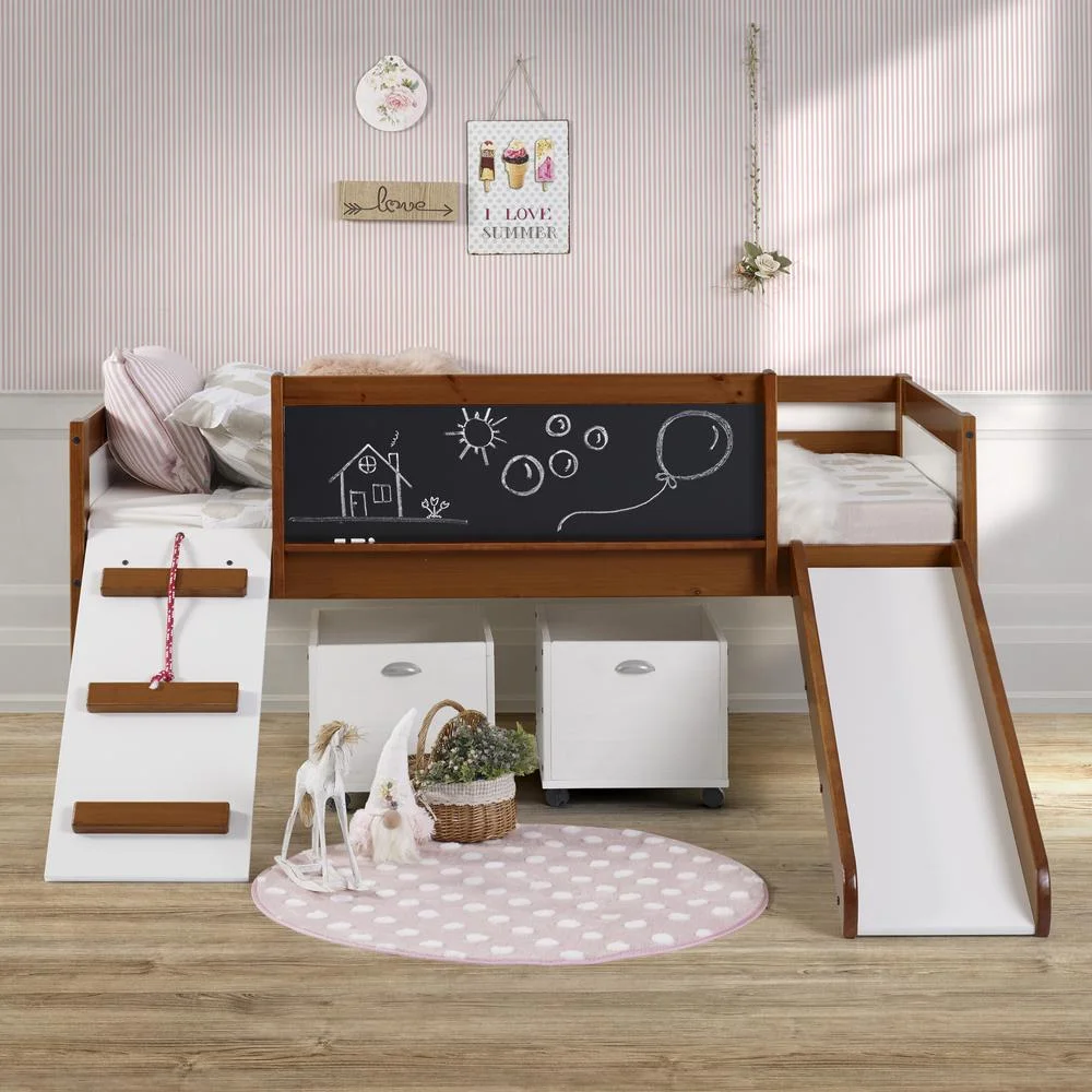 Pivot Direct PD-3005TLE-3005C Junior Twin Size Low Loft with Slide, Chalkboard & Toy Boxes in White Wash & Espresso