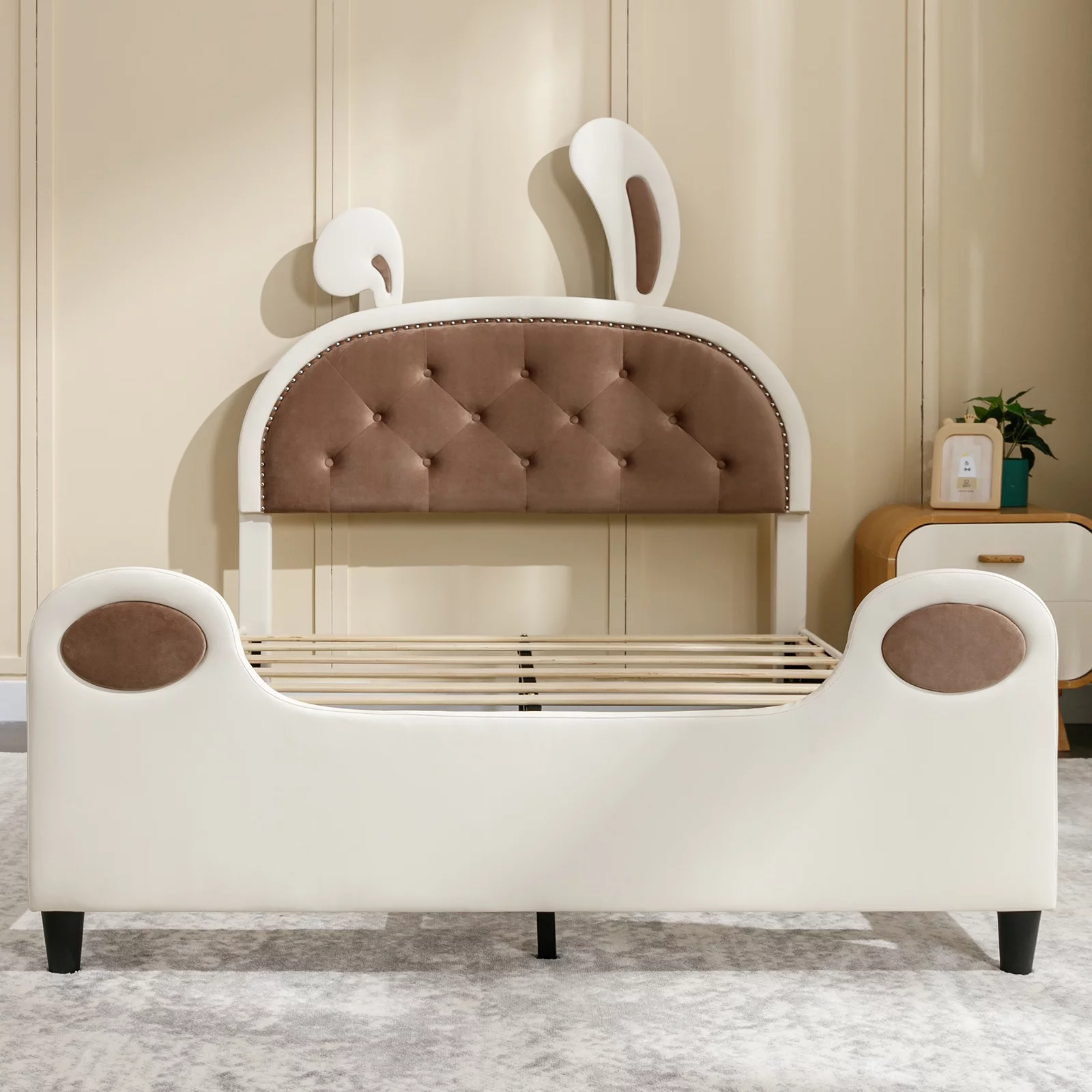 BALUS Twin Bed Frames for Kids, Children Upholstered Daybed with Rabbit Ears Headboard Faux Leather Velvet Bunny Shaped Platform Bed, Kid Bed Frame for Bedroom, No Spring Box Needed, Wood Slats