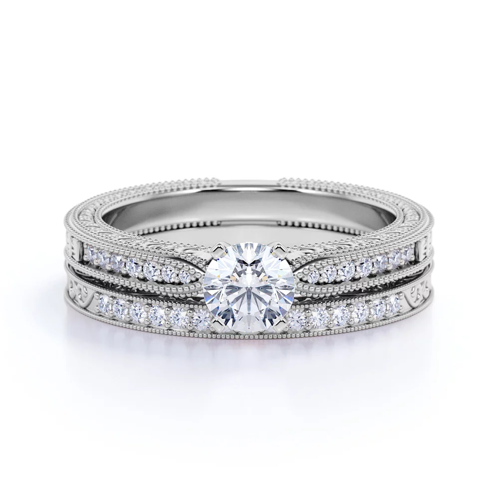 JeenMata Round Real Diamond - Vintage - Milgrain - Edwardian Wedding Ring Set - 10K White Gold