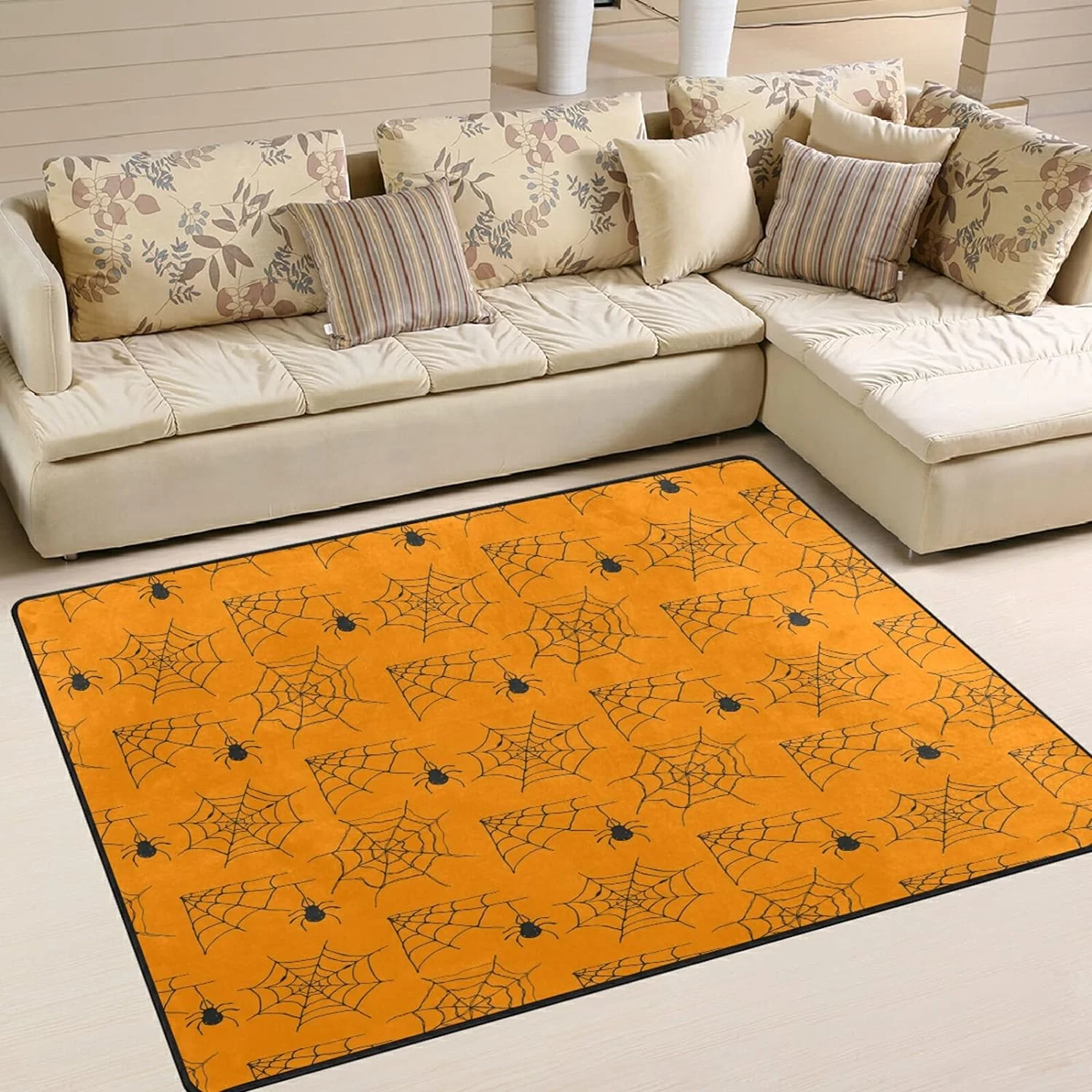 FREEAM Halloween Spider Web Orange Area Rug Mat for Living Dining Dorm Room Bedroom Home Decorative 7' x 5'