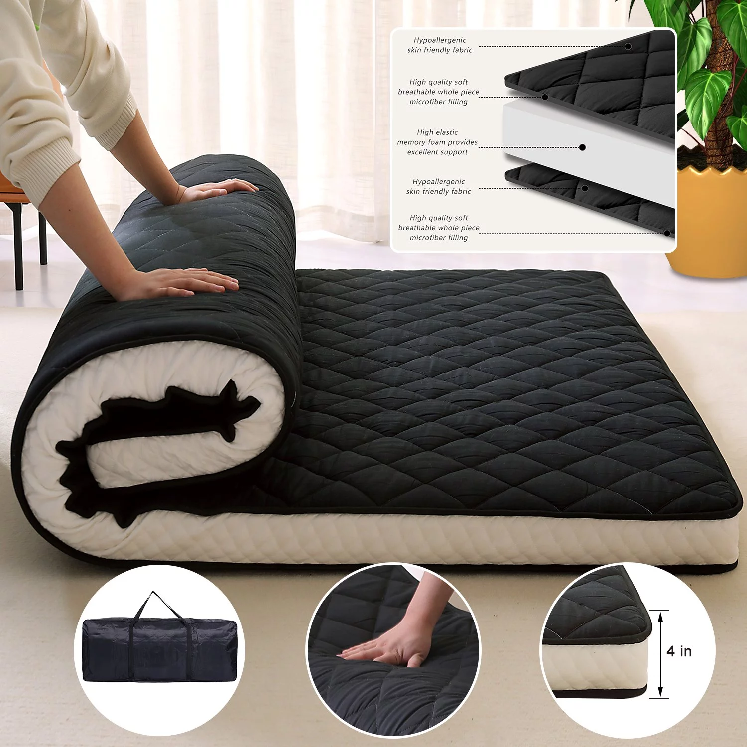LILYPELLE Futon Mattress,Upgraded Japanese Floor Mattress,Living Room Futon Quilted Bed Mattress Topper,Folding Sleeping Pad, Gray, Queen