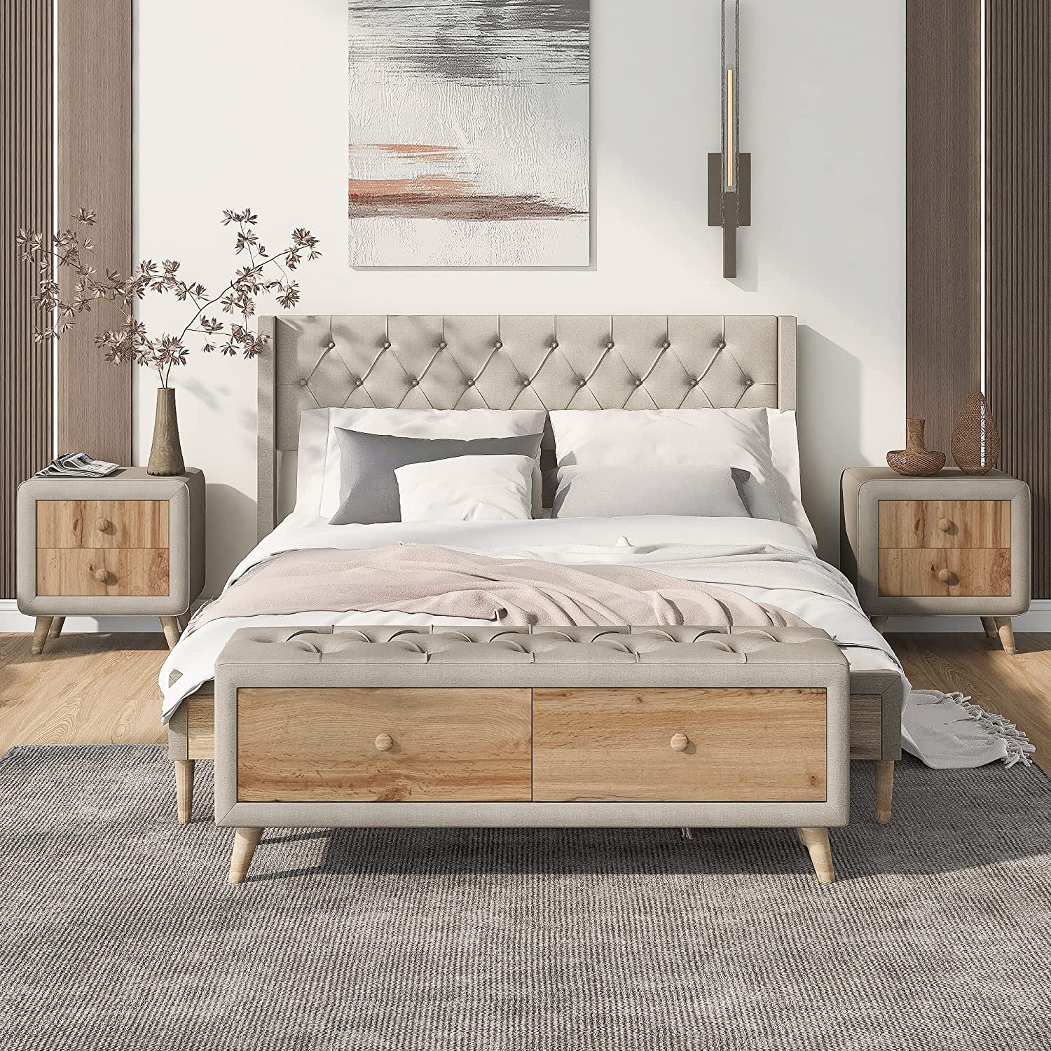 Bedroom Sets, 4-Pieces Queen Size Upholstered Platform Bed With 2 Nightstands And Storage Bench, Bedroom Furniture Sets, Queen Bedroom Sets, Beige