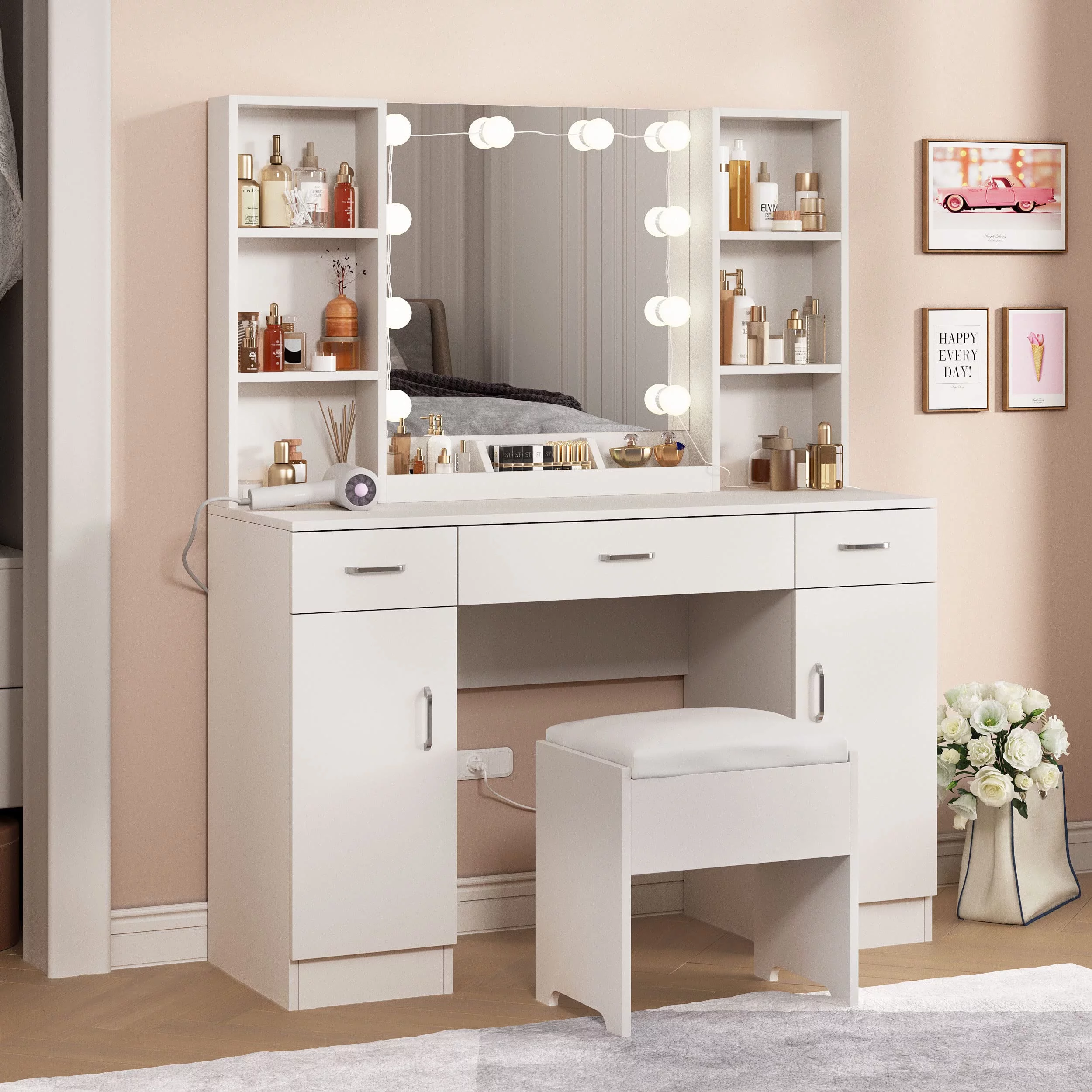 Veanerwood Large Makeup Vanity Set with Lights, White Bedroom Makeup Vanity Table with Storage, 3 Adjustable Lighting Colors, Modern, 45.2in