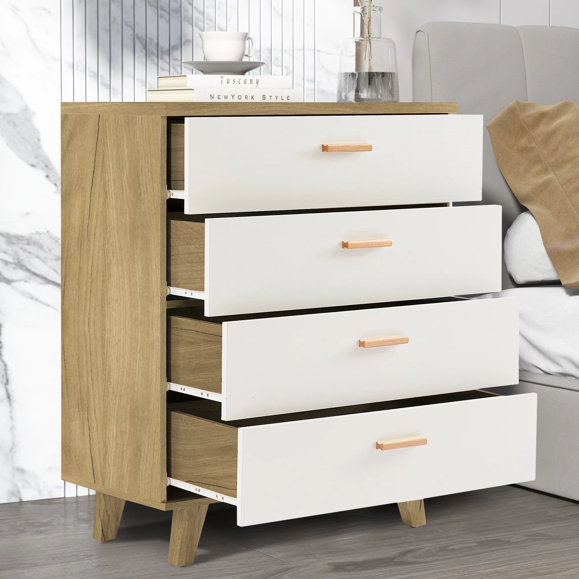 BTMWAY Chest Cabinet Organizer, Solid Wood Chest of Drawers, 4 Drawer Dresser Wood Storage Cabinet, Mid Century Modern Drawer Dresser for Bedroom Living Room, 31.5'' x 15.75'' x 37.8'', White&Oak