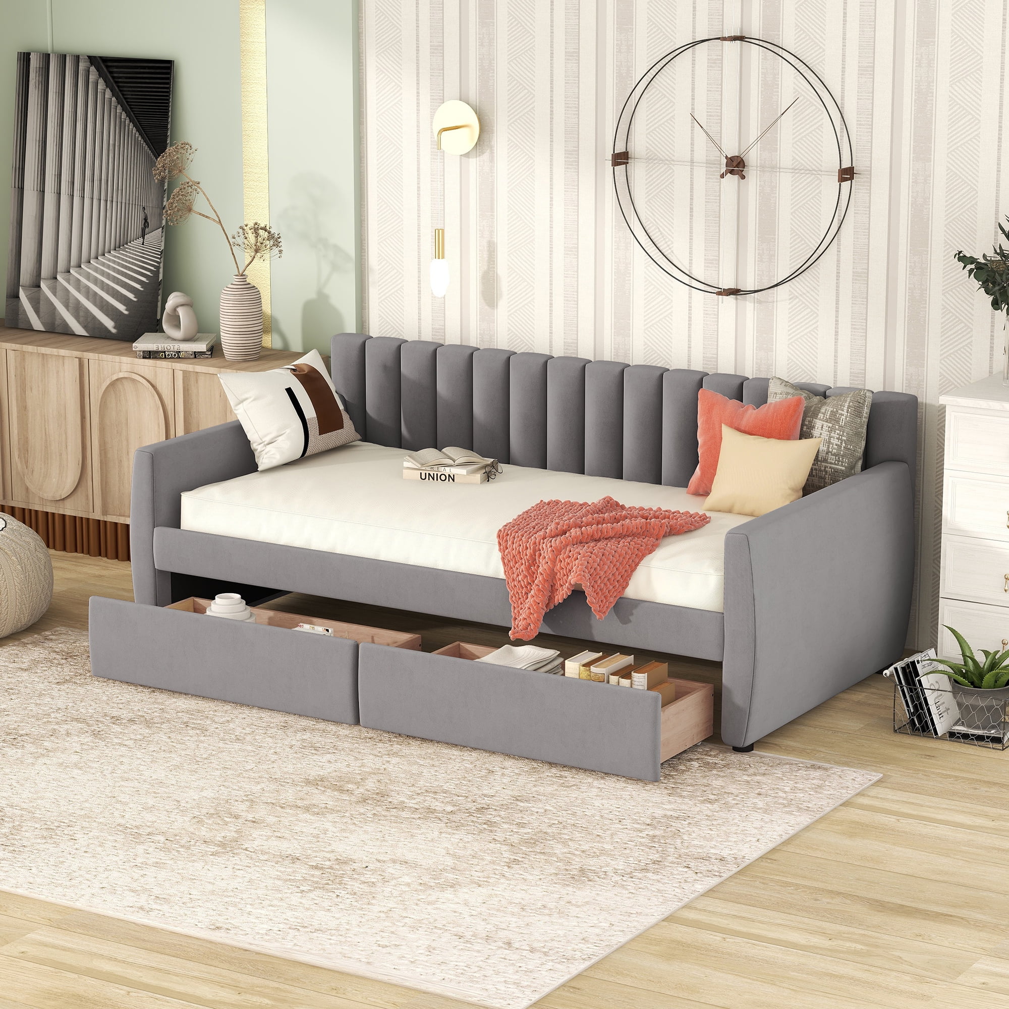Momspeace Twin Size Upholstered Daybed with 2 Drawers for Bedroom Living Room Daybed Frame No Box Springs Need - Gray