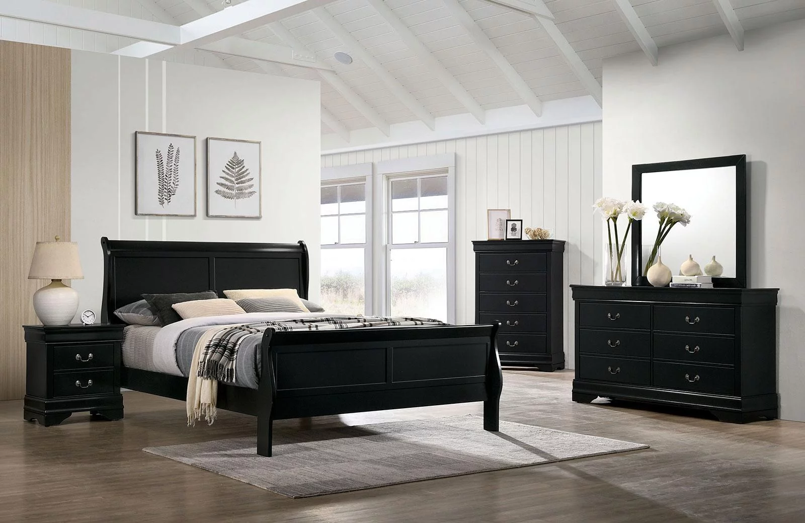 Transitional Black Solid Wood Full Bedroom Set 5pcs FOA CM7966BK Louis Philippe