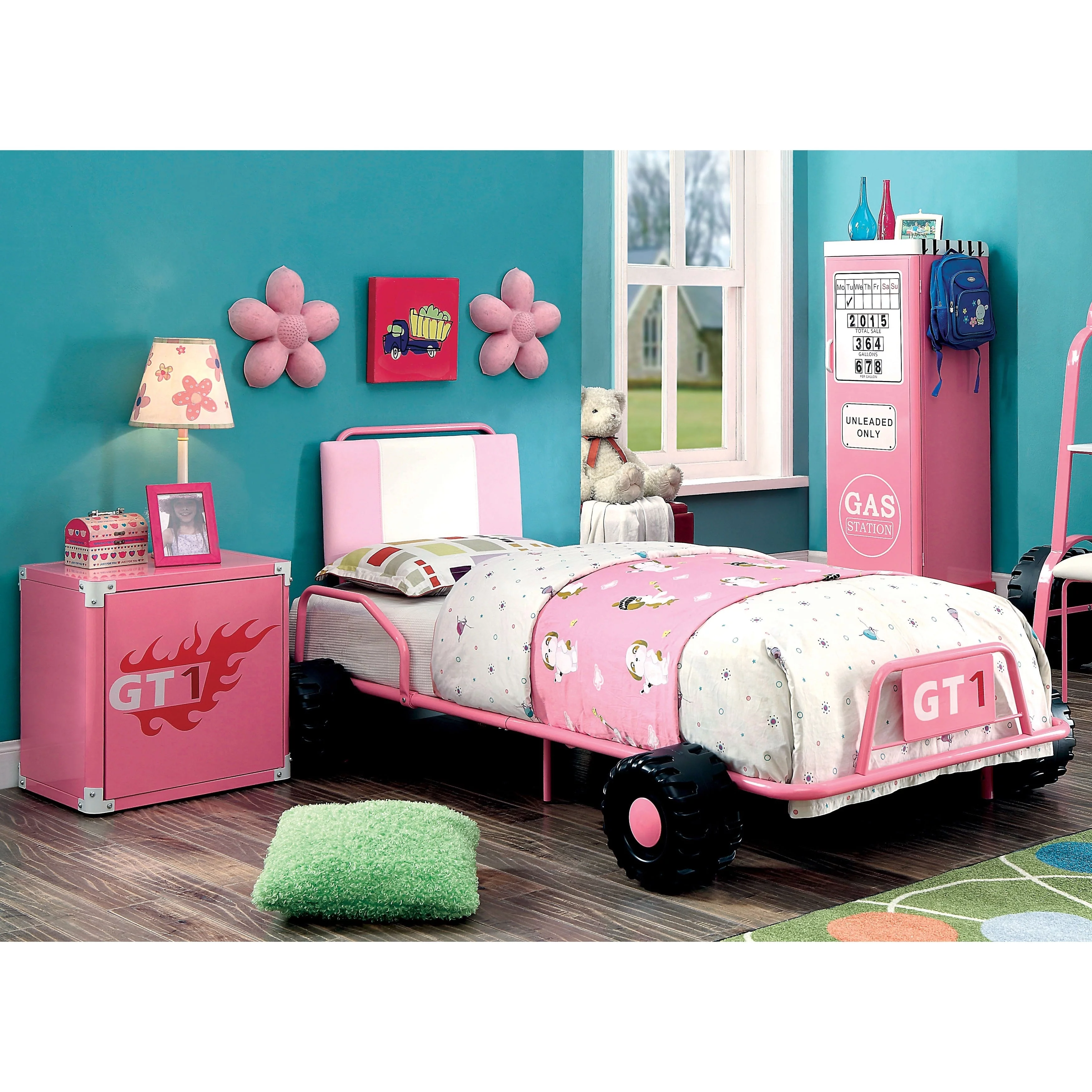 Furniture of America Tere Modern Twin Metal Upholstered Racing 3-piece Bedroom Set by Pink