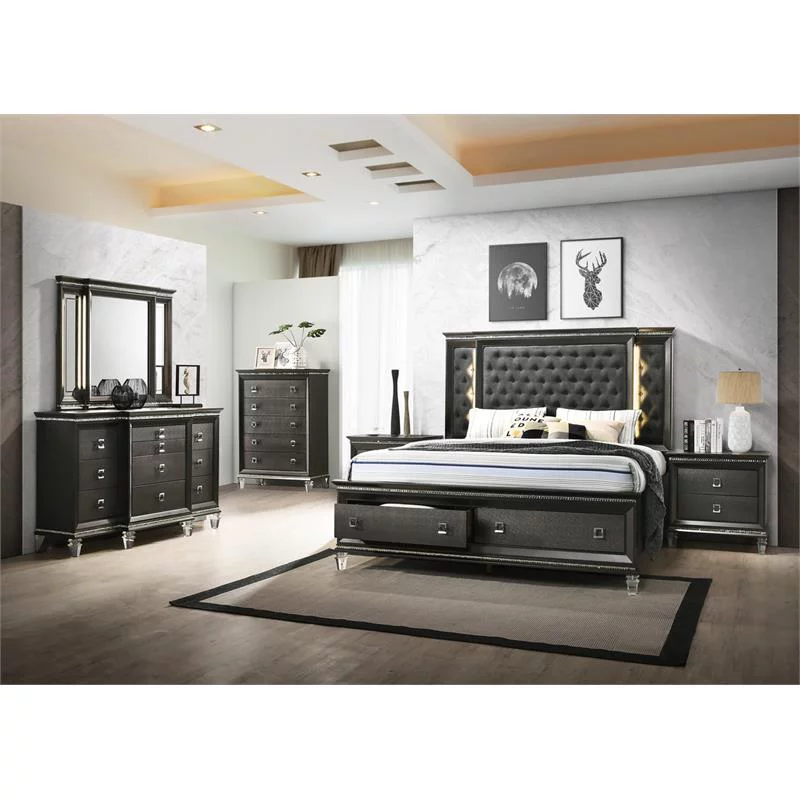 Maklaine Lavish Dark Gray Wood Eastern King Bed with Lights & Storage Footboard