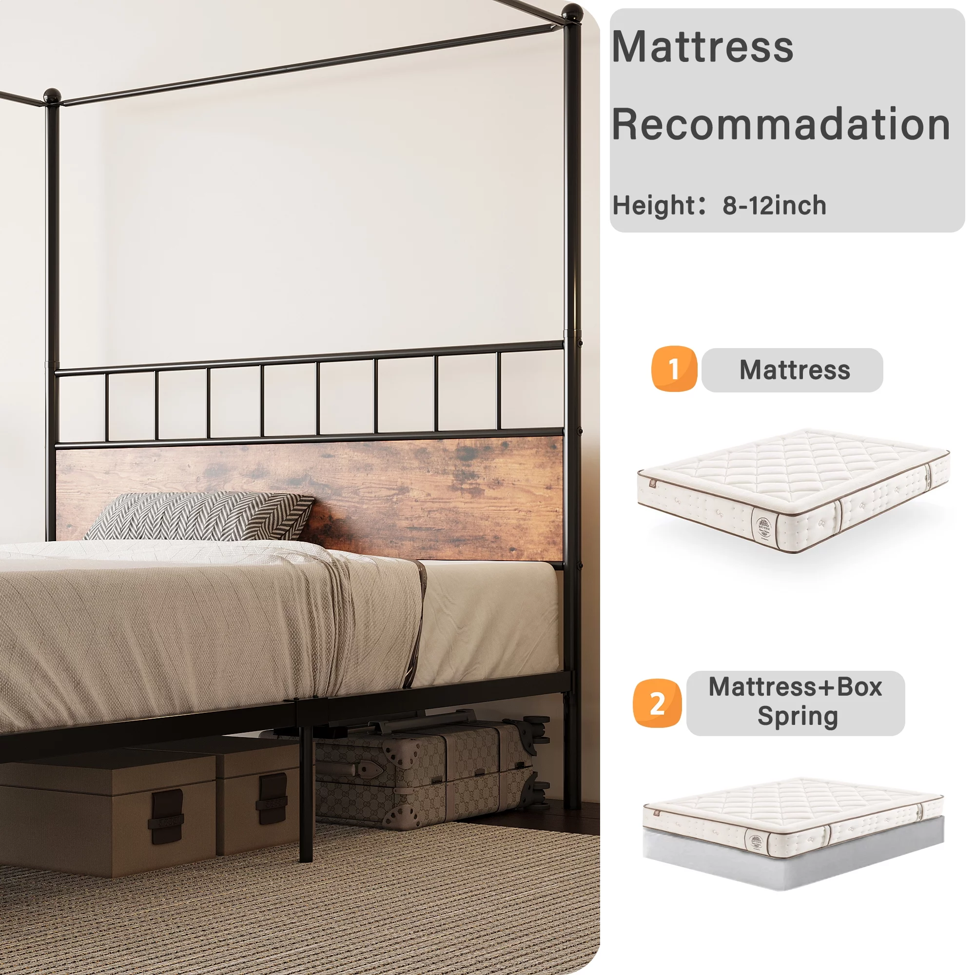 LIKIMIO King Canopy Bed Frame  with Wooden Headboard and Drawer, King Size Bed Frame with 4 Removable Sturdy Posts, Vintage Brown