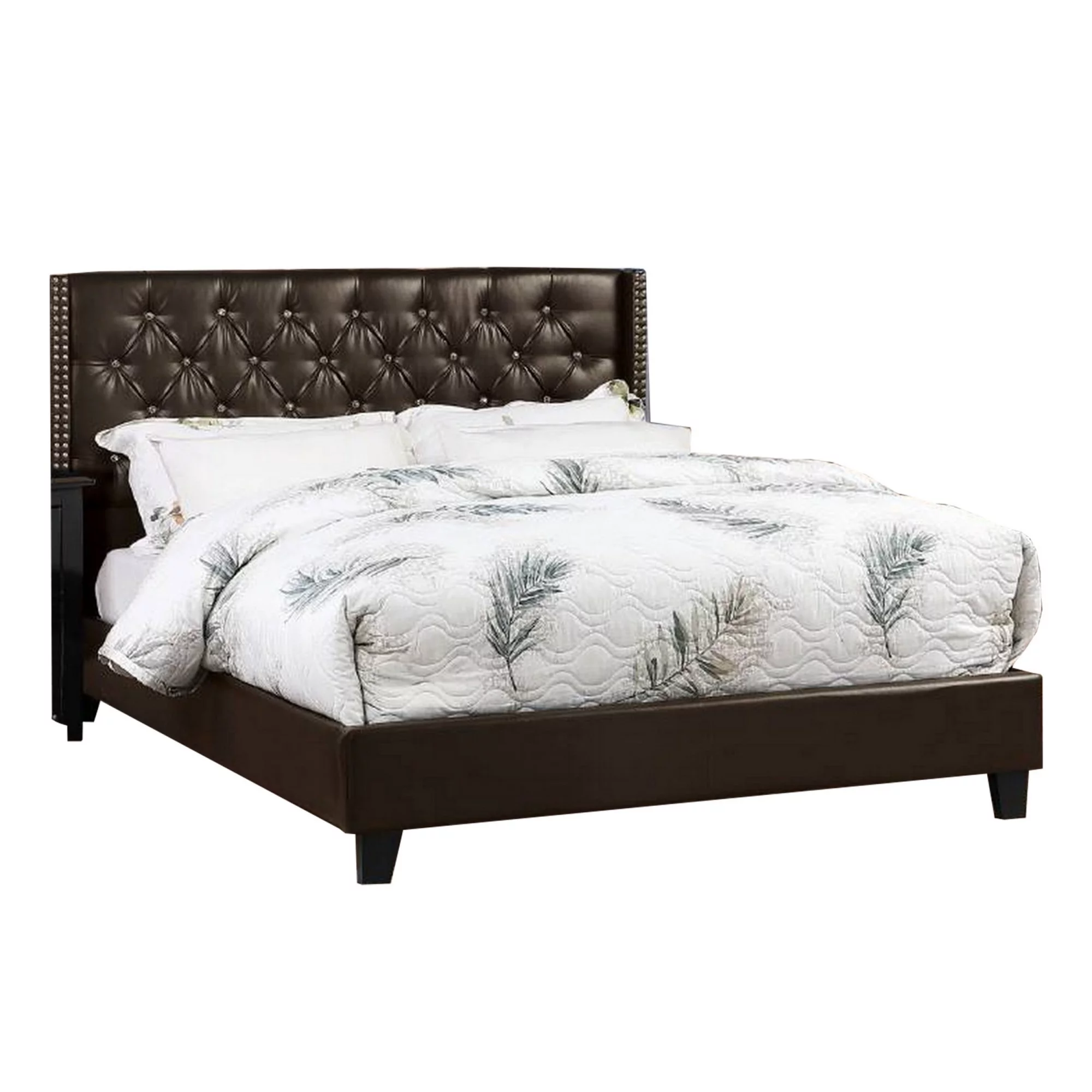 Benjara BM300220 Asu Wood Bed with Nailhead Trim, Faux Leather Upholstered, Brown - Queen Size
