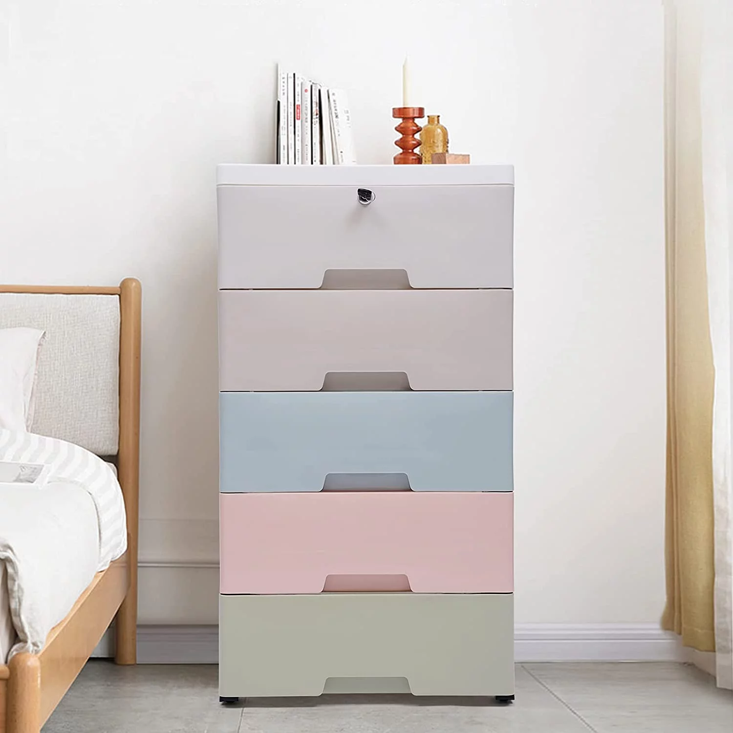 Plastic Dresser 5 Drawers, Storage Cart Organizer with Wheels,Storage Cabinet Organizer for Clothes/Toys Bedroom Playroom,1 Locker,Colorful