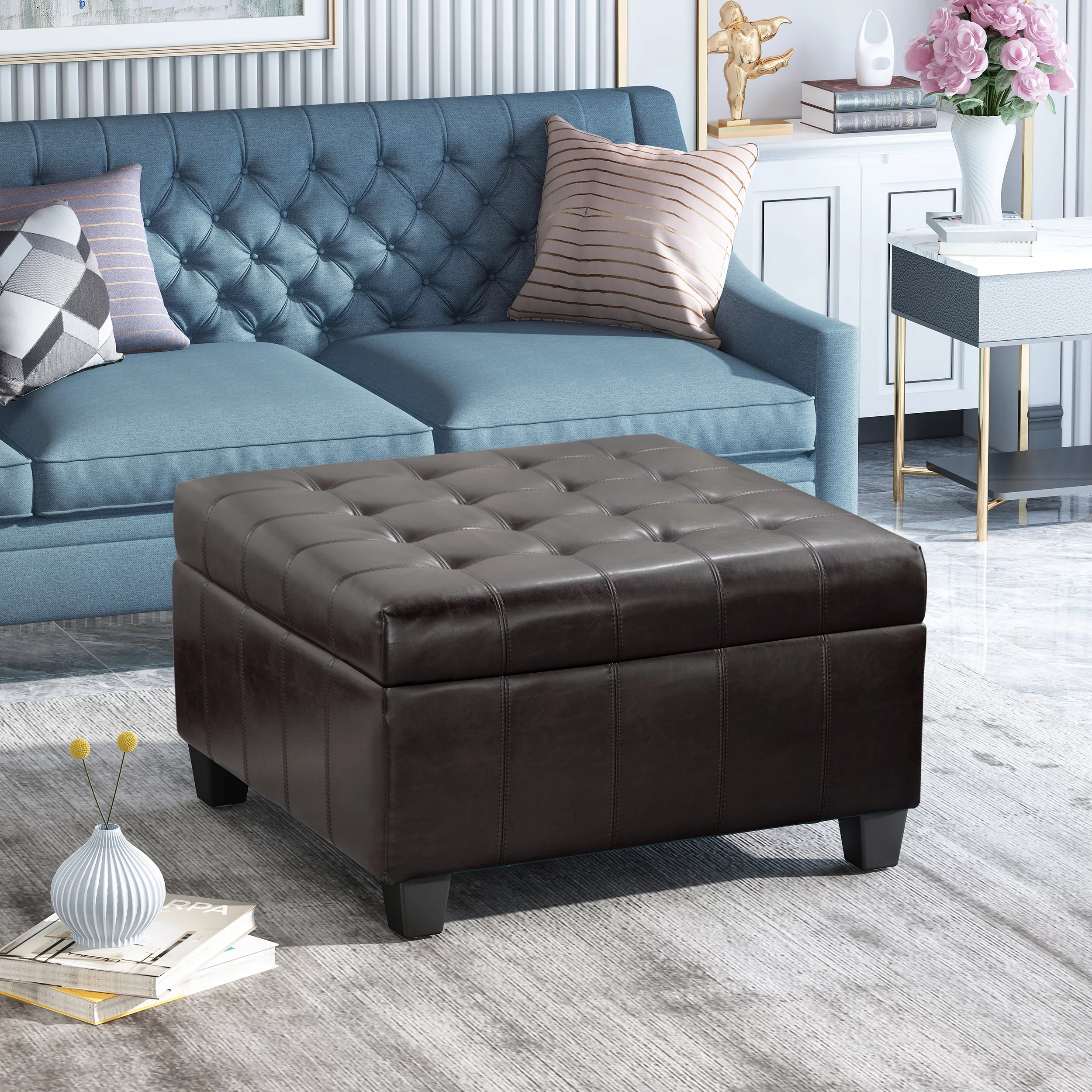 GDF Studio Lastoro Contemporary Tufted Storage Ottoman, Brown and Bonded Leather and Dark Brown
