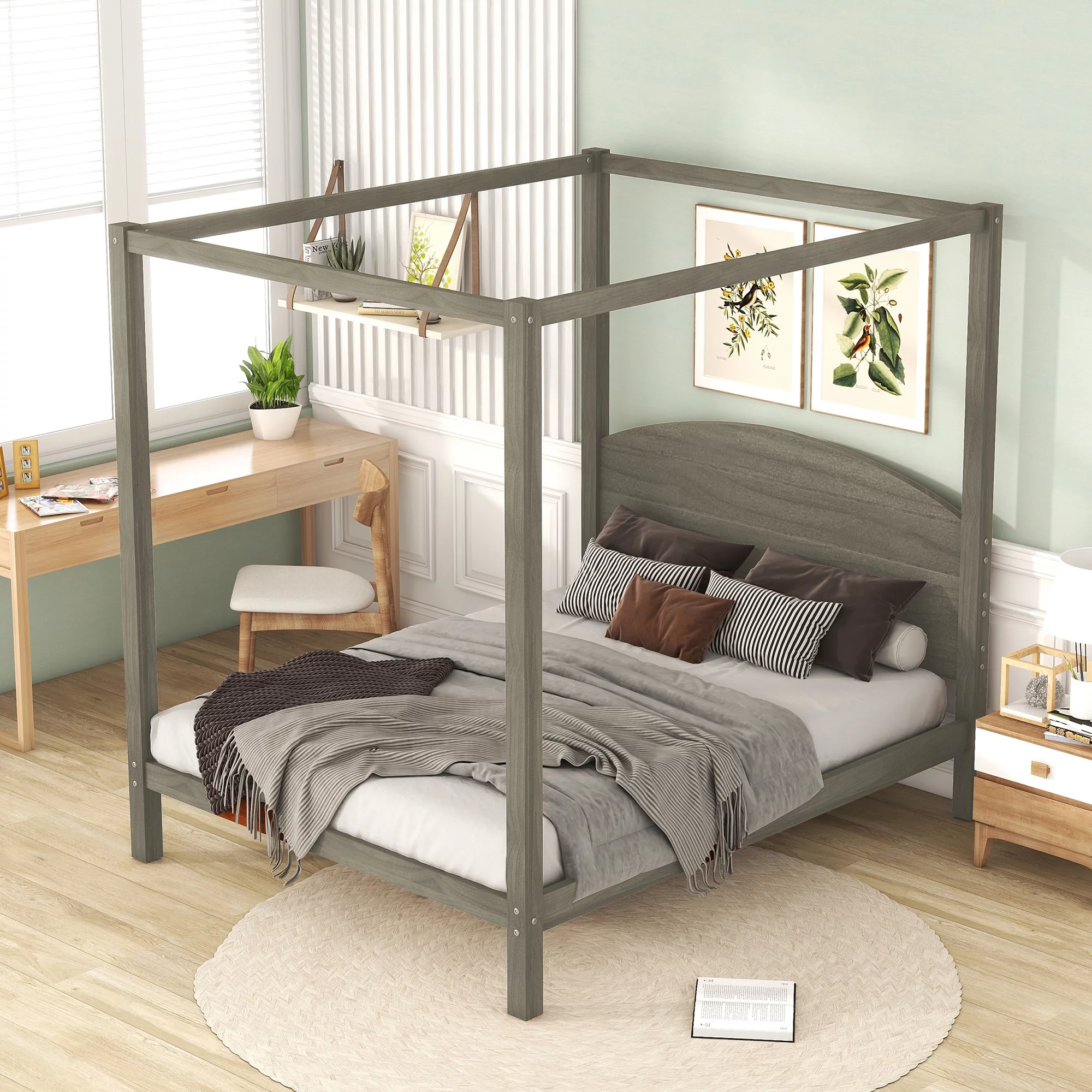 EUROCO Wood Queen Size Canopy Bed, Solid Wood Platform Bed with Headboard for Kids Bedroom, Brown