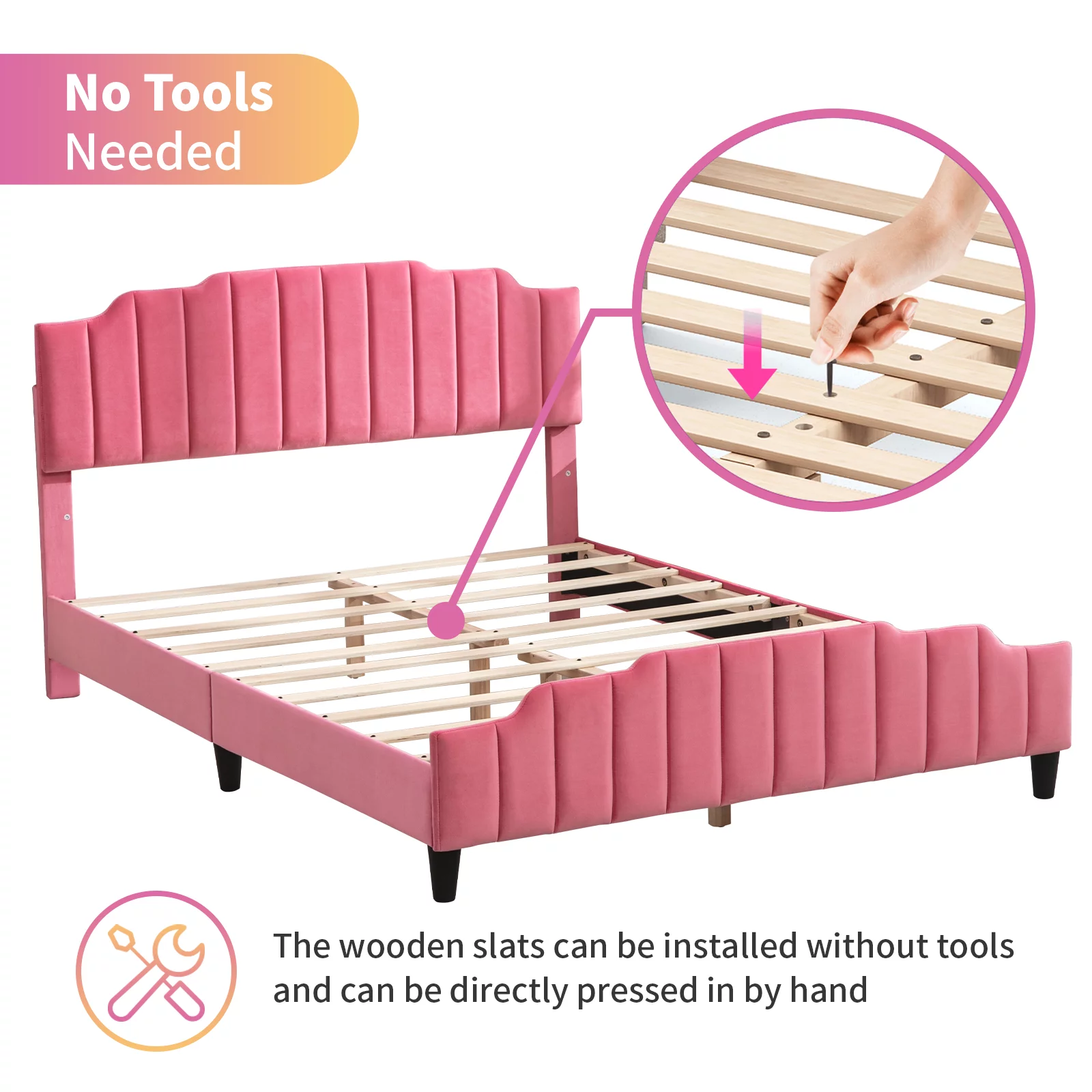 BALUS Kids Full Bed Frame with Upholstery Headboard Footboard, Creative Strips Design, Skin-friendly Plush Fabric, Wood Slats and PVC Legs, Pink