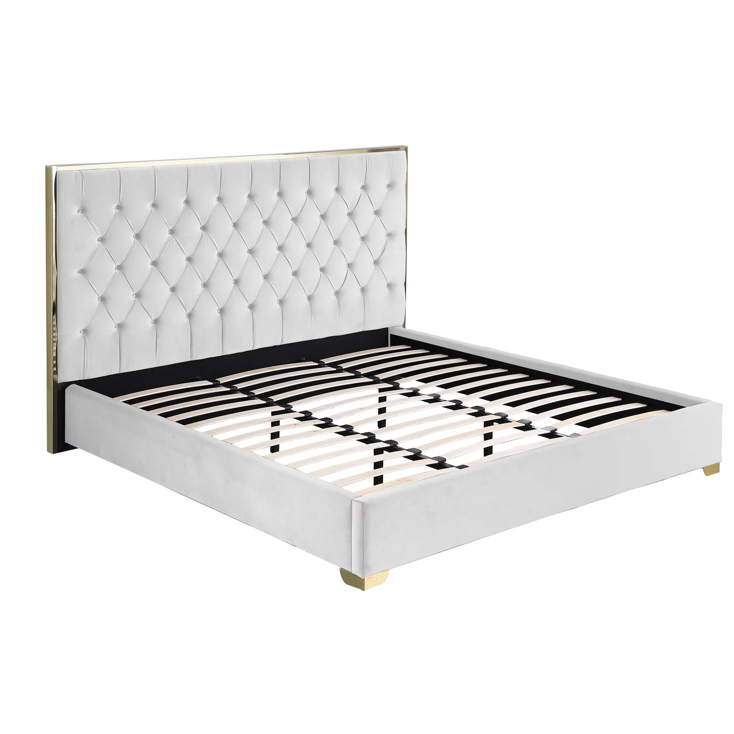 Kressa Velvet Fabric Tufted Queen Platform Bed in Cream