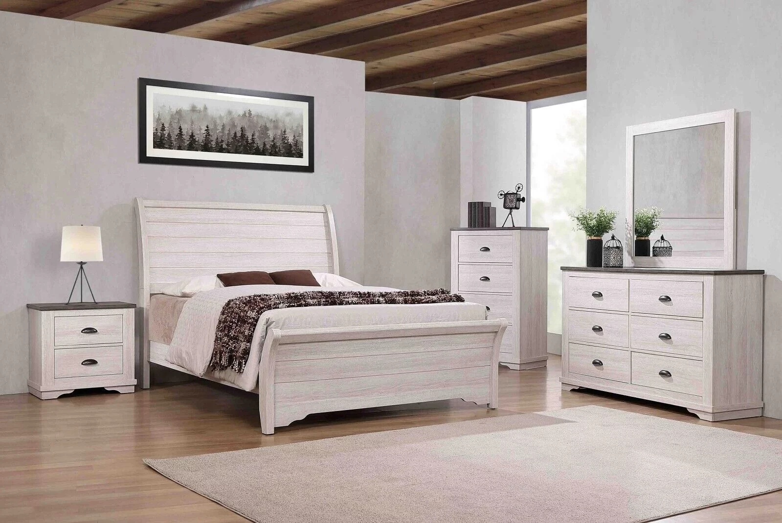Traditional Rustic 6pc Queen Size Bed Dresser Mirror Chest 2x Nightstand Set Bedroom Wooden Furniture Chalk Gray Finish
