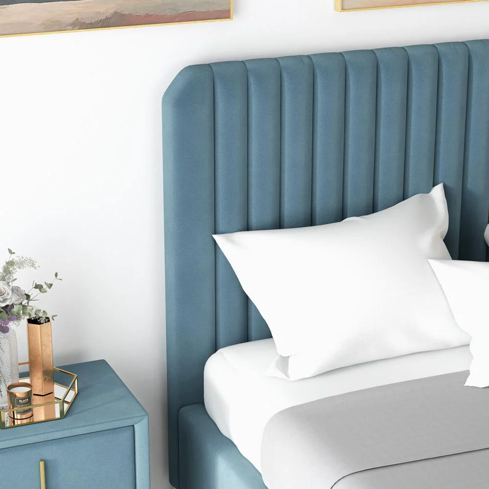 Angelou Mid Century Modern Blue Velvet Upholstered Queen Platform Bed