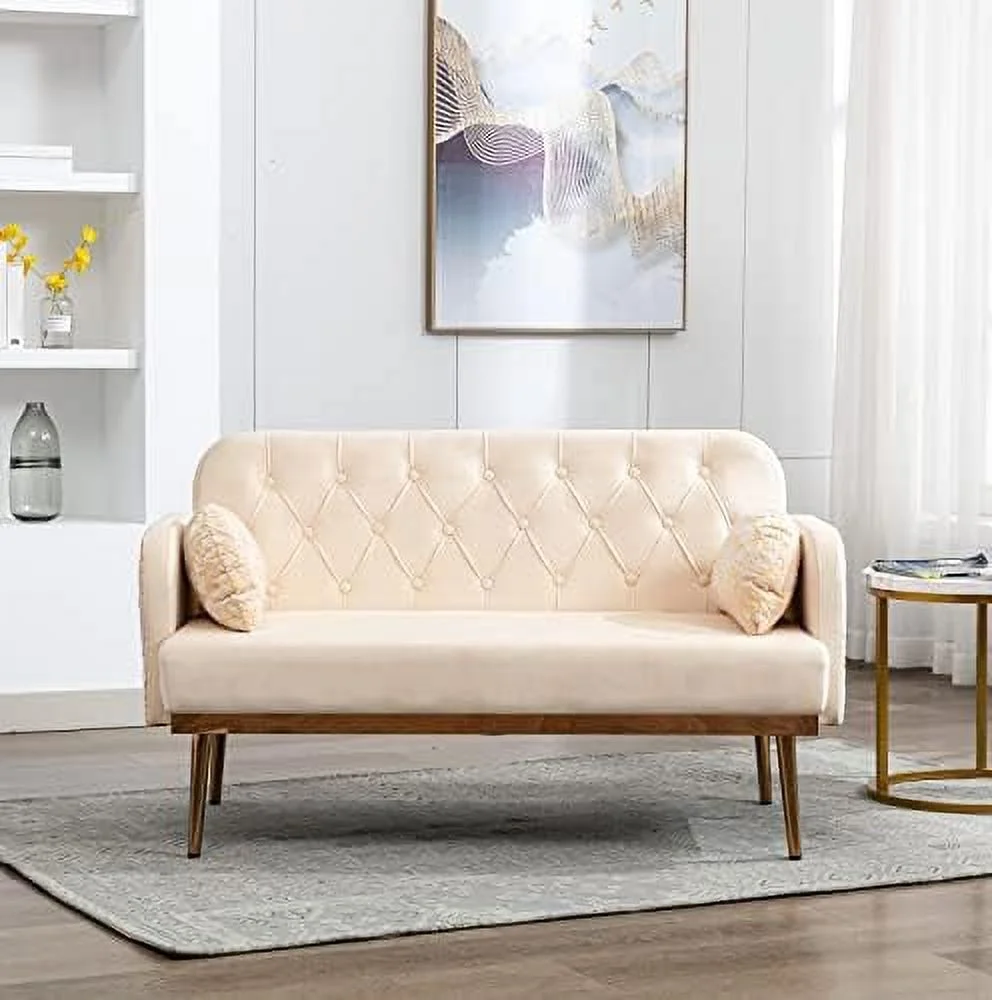 GEROBOOM 55-inch Small Velvet Couch with Elegant  Shape Pillows  Twin Size Loveseat Accent Sofa with Golden Metal Legs  Living Room Sofa with Tufted Backrest  600 Pounds Weight Capacity
