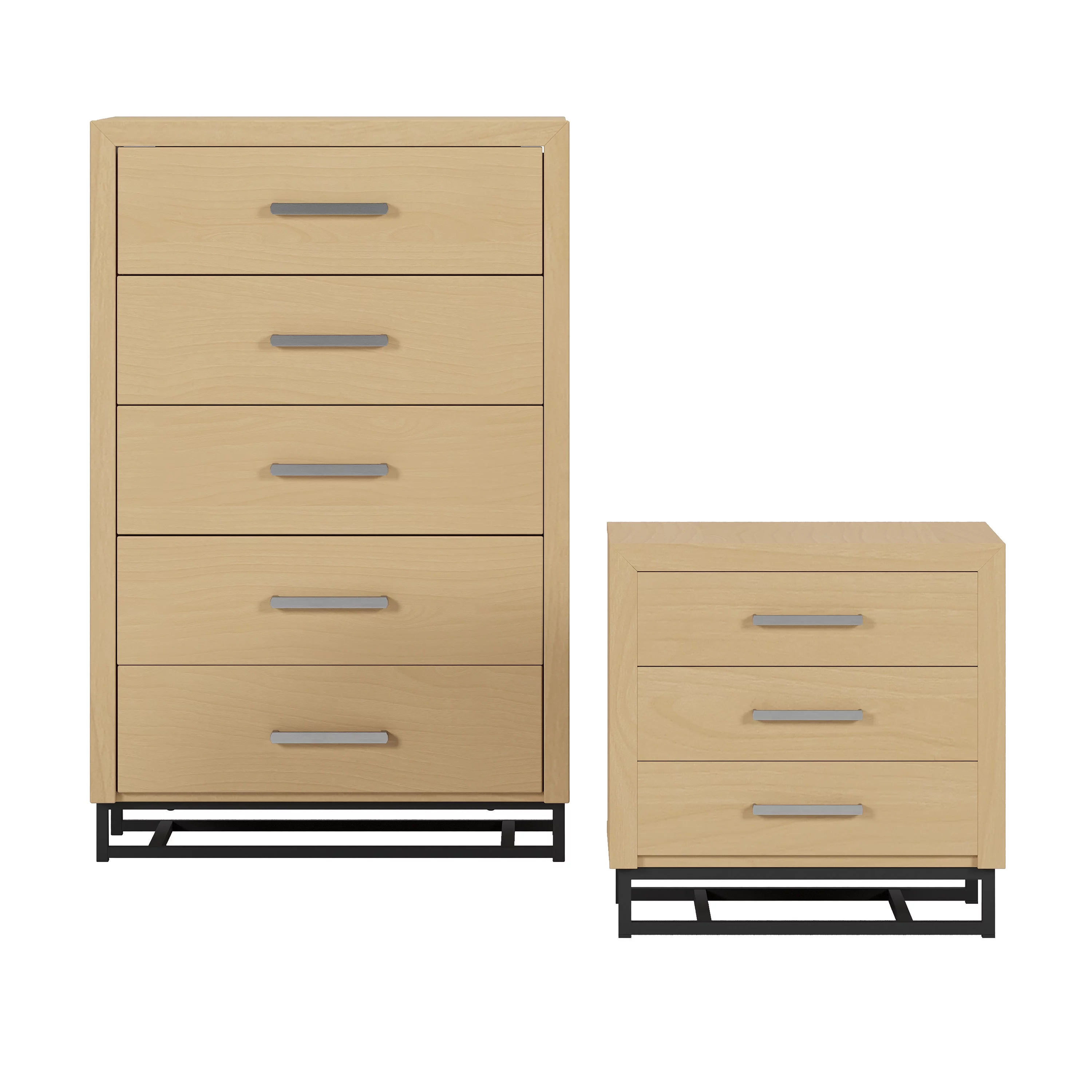 GDF Studio Borah Contemporary Faux Wood 2 Piece 5 Drawer Dresser and Nightstand Bedroom Set, Natural and Black