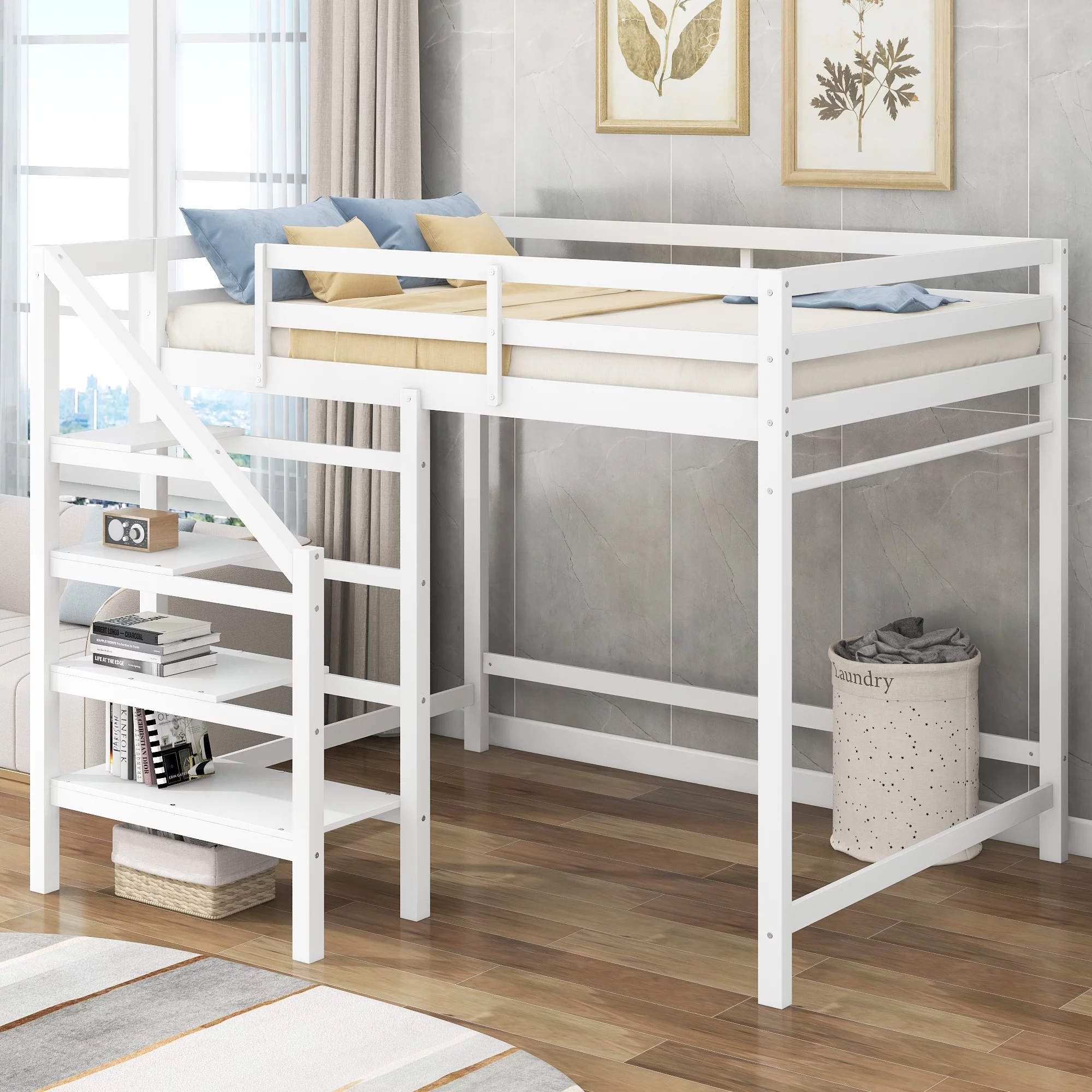 Euroco Full Size Loft Bed with Shelf and Hanger for Kids Bedroom, White
