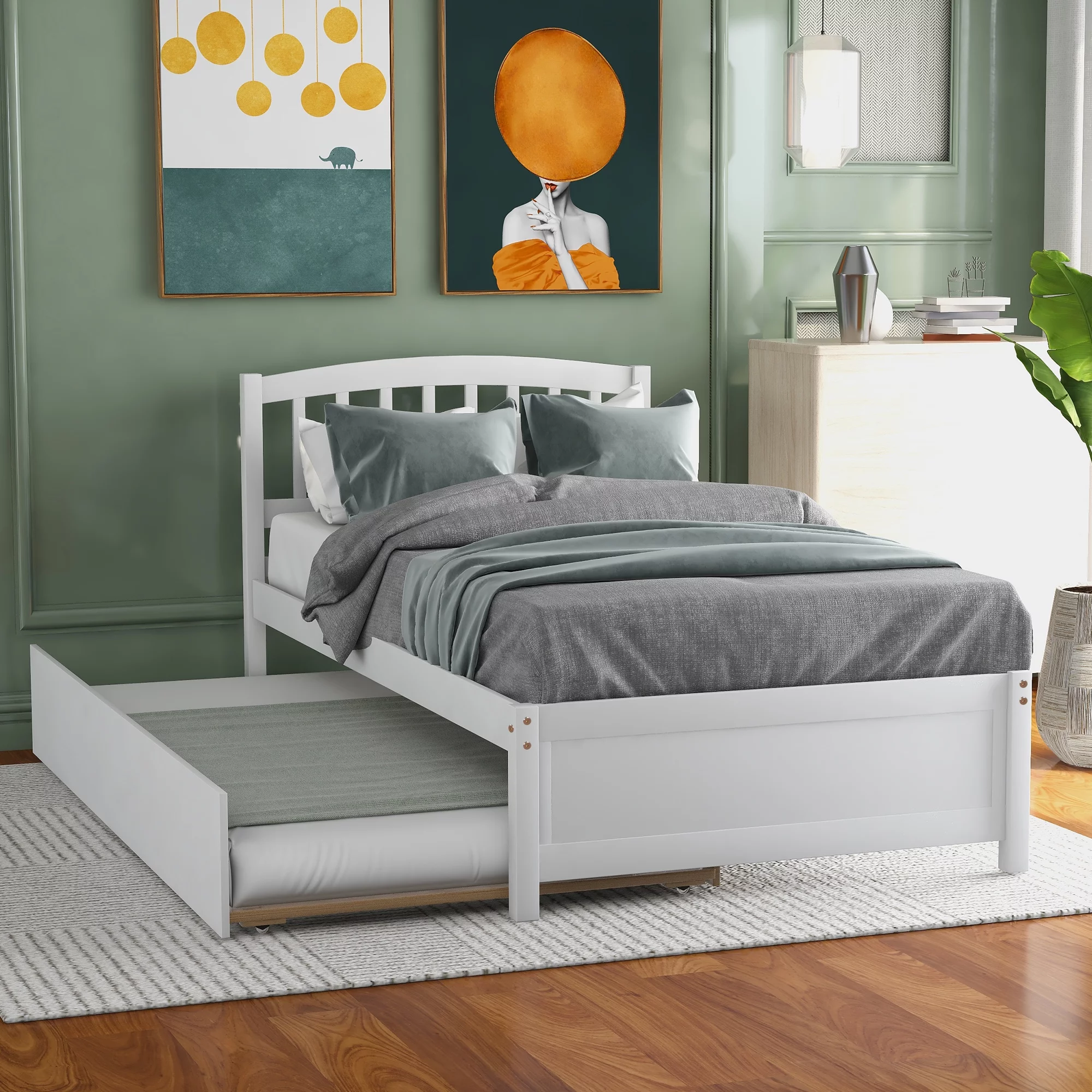 Twin Platform Bed, Twin Size Bed with Trundle, Wood Twin Bed Frame with Headboard, No Box Spring Needed (White, Twin with Trundle)