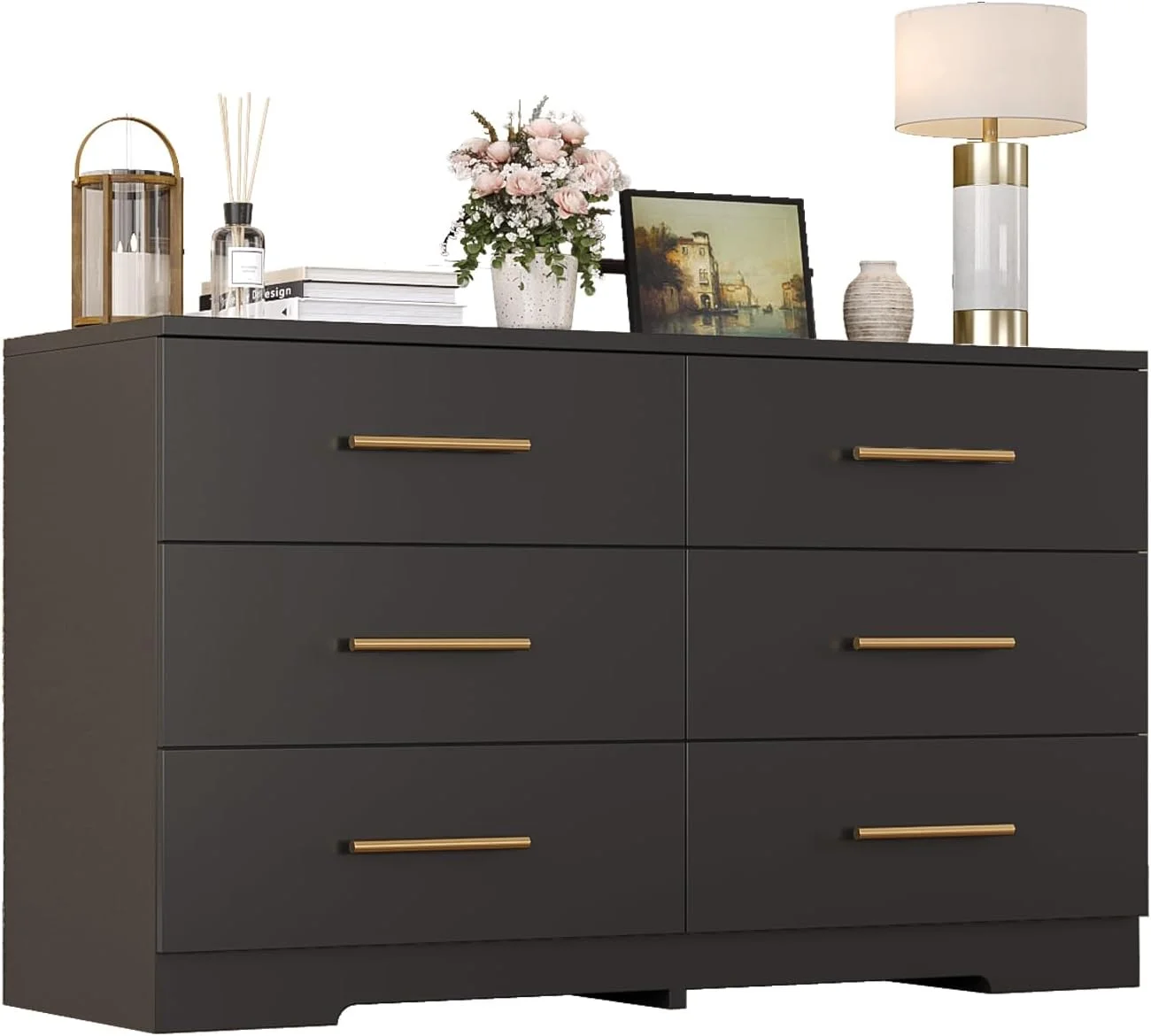 Black 6 Drawer Dresser for Bedroom, Modern Wide Dresser with Golden Handles&Sturdy Base, Chest of Drawers, Accent Strorage Dresser for Living Room, Entryway, Kids Room