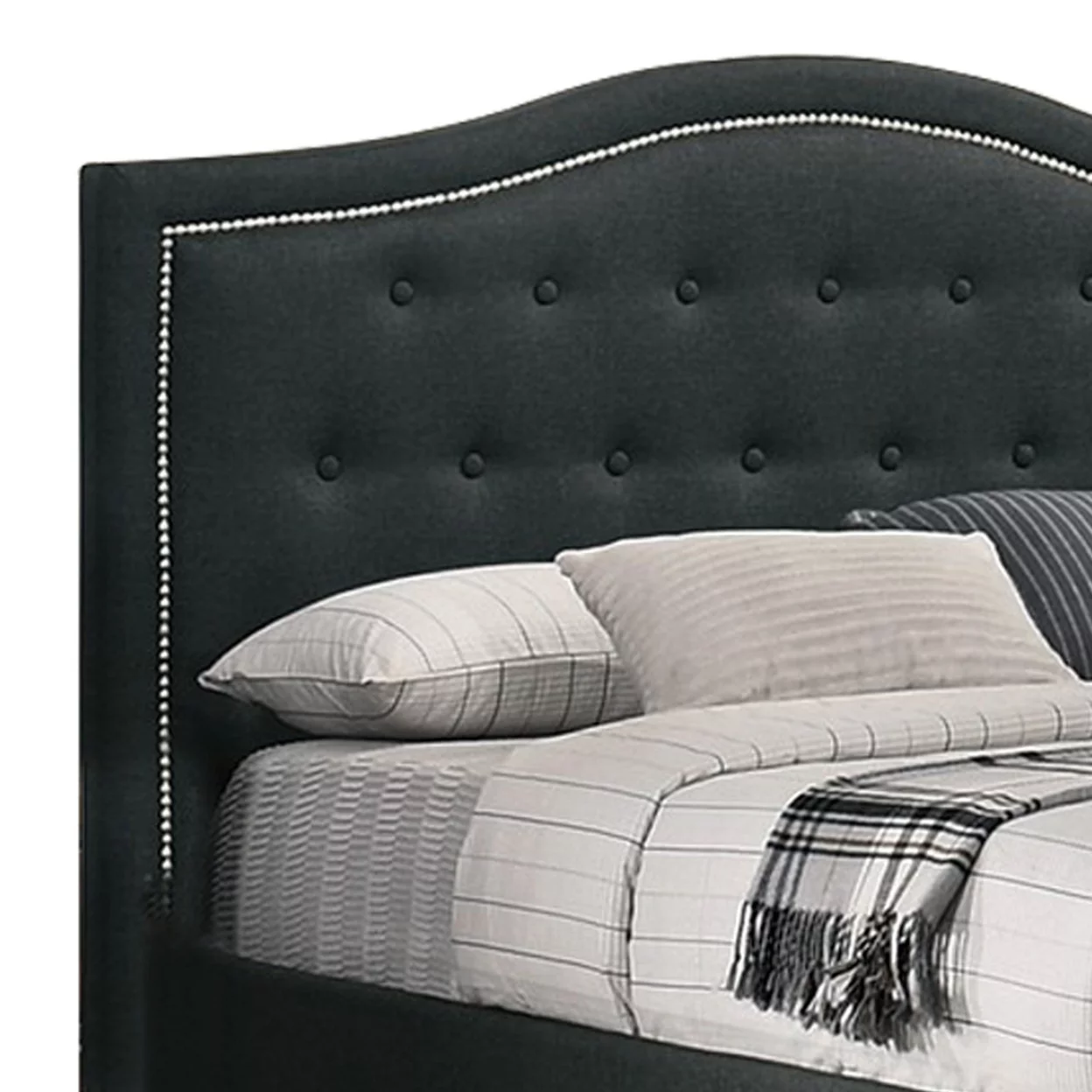 Buk California King Bed, Upholstered Tufted Headboard, Charcoal Burlap - Saltoro Sherpi