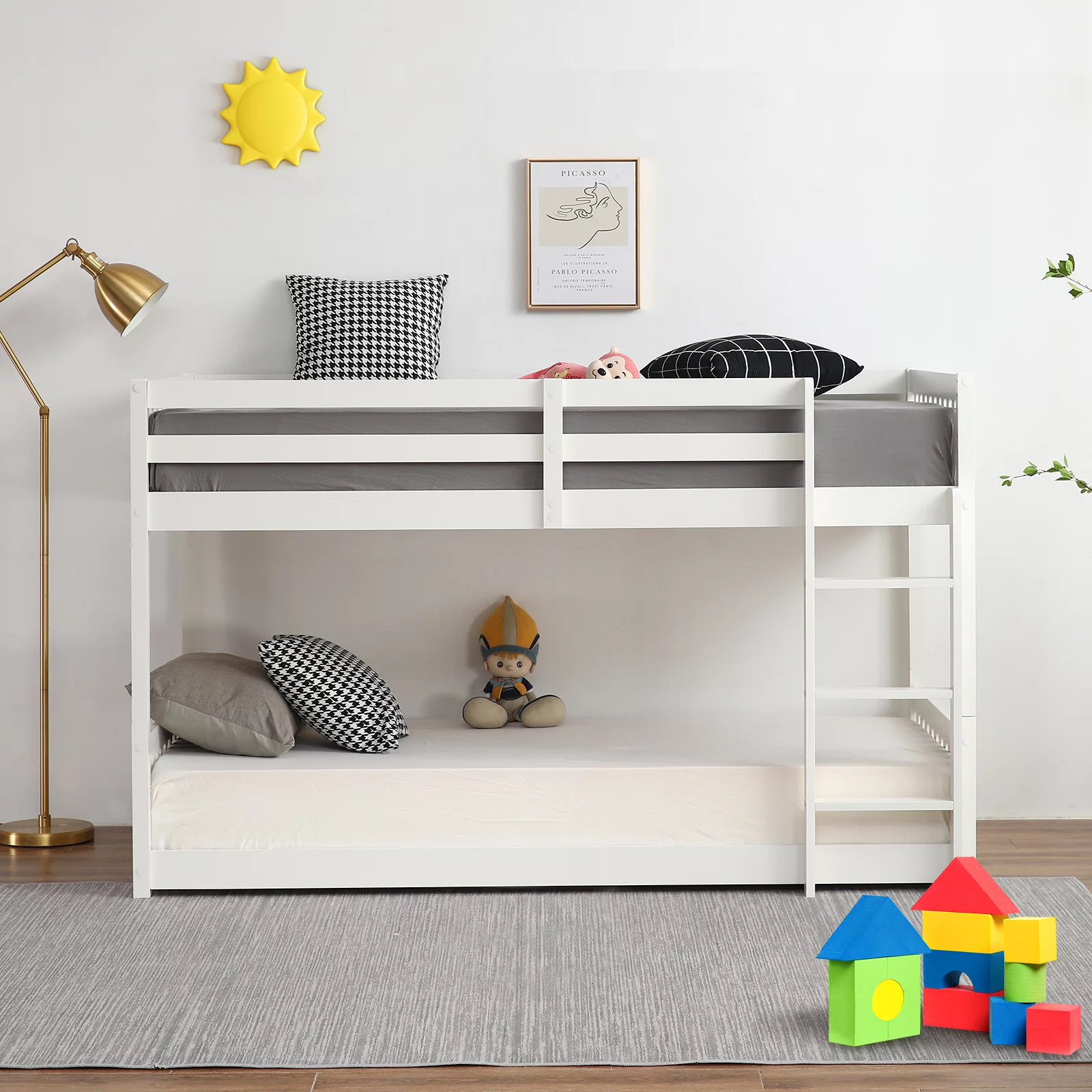 JOYMOR Low Twin Over Twin Bunk Bed for Kids Toddlers Junior, Bunk Bed Frame with Guardrails & Ladder, No Box Spring Needed