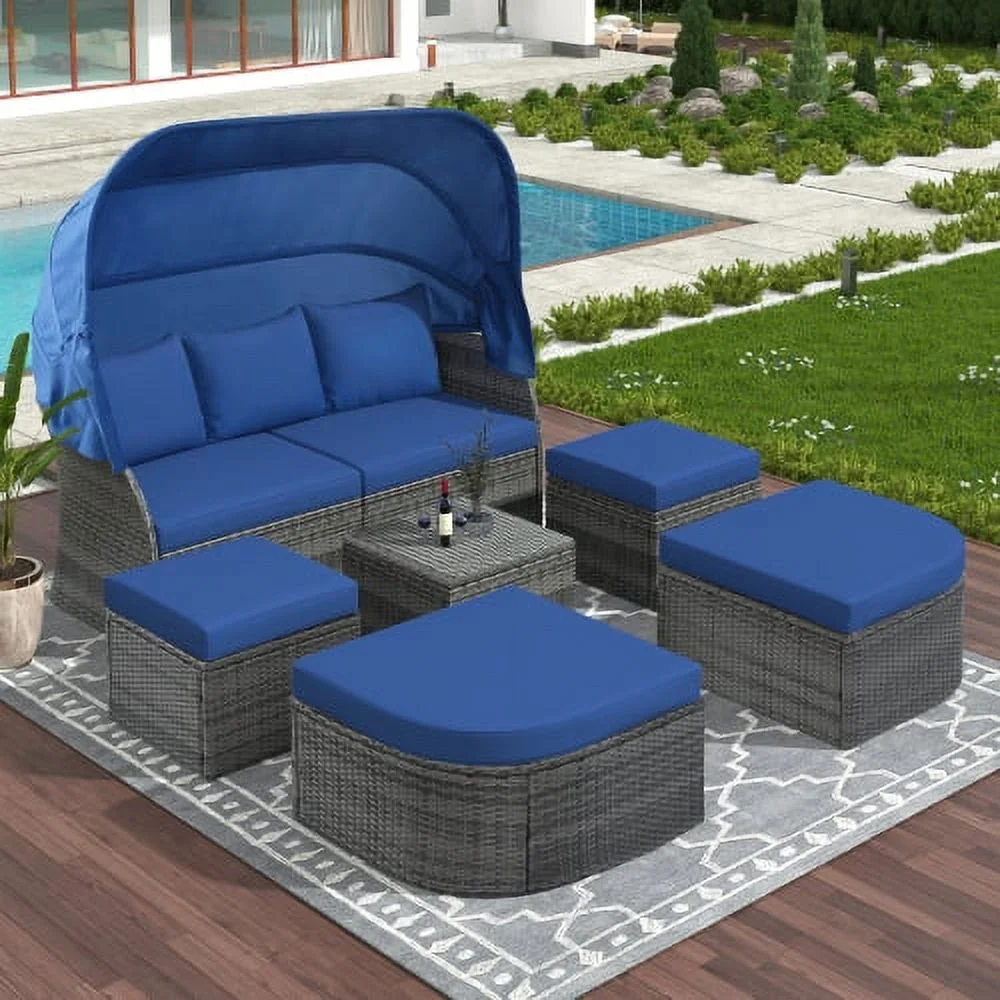 Outdoor Patio Furniture Set Daybed Sunbed with Retractable Canopy Conversation Set Wicker Furniture - Blue