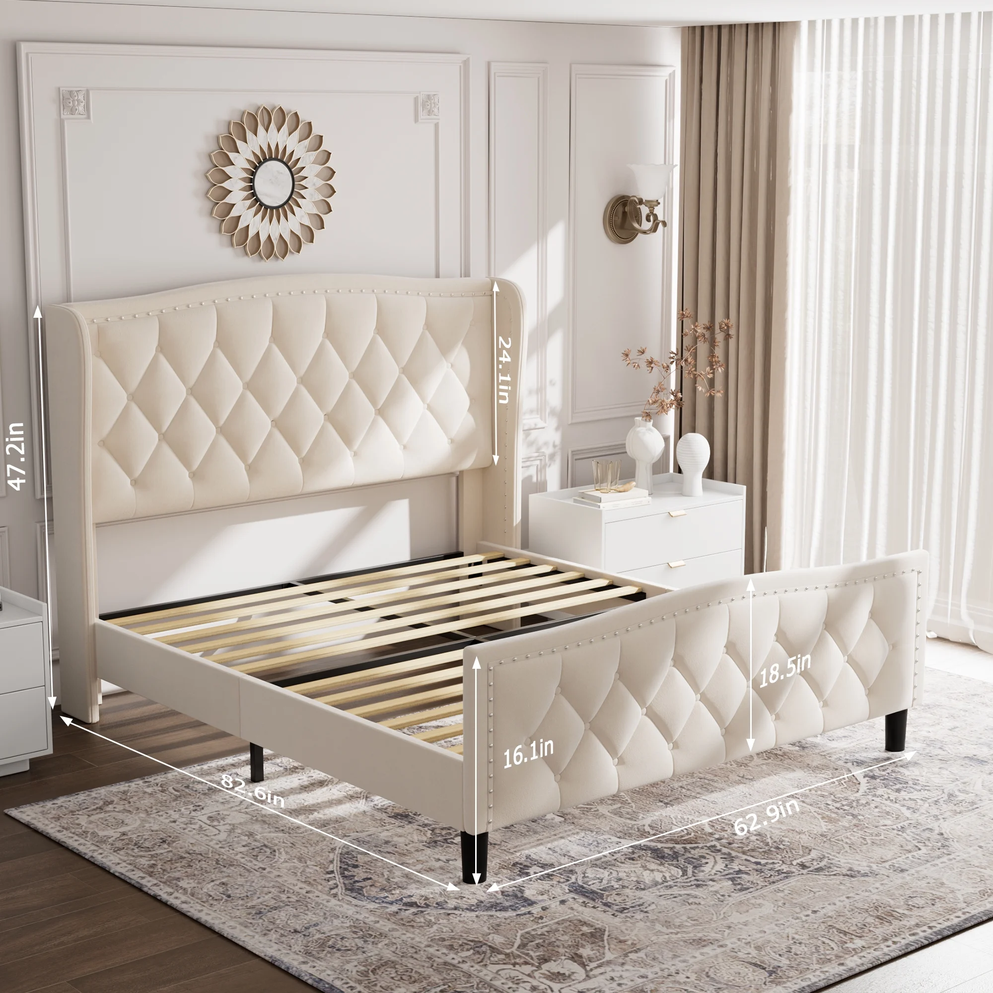 Upholstered Bed Frame with Button Tufted Wingback Headboard & Footboard, Rivet Design, Platform Bed with Wooden Slats Support, Noise-Free, Easy Assembly (White, Queen)
